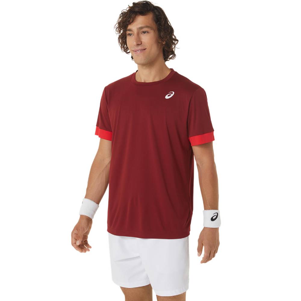 ASICS Men's Court Short Sleeve Tennis Shirt - Moisture-Wicking Performance Top in Beet Red/Classic Red - Perfect for Tennis, Pickleball & Casual Wear