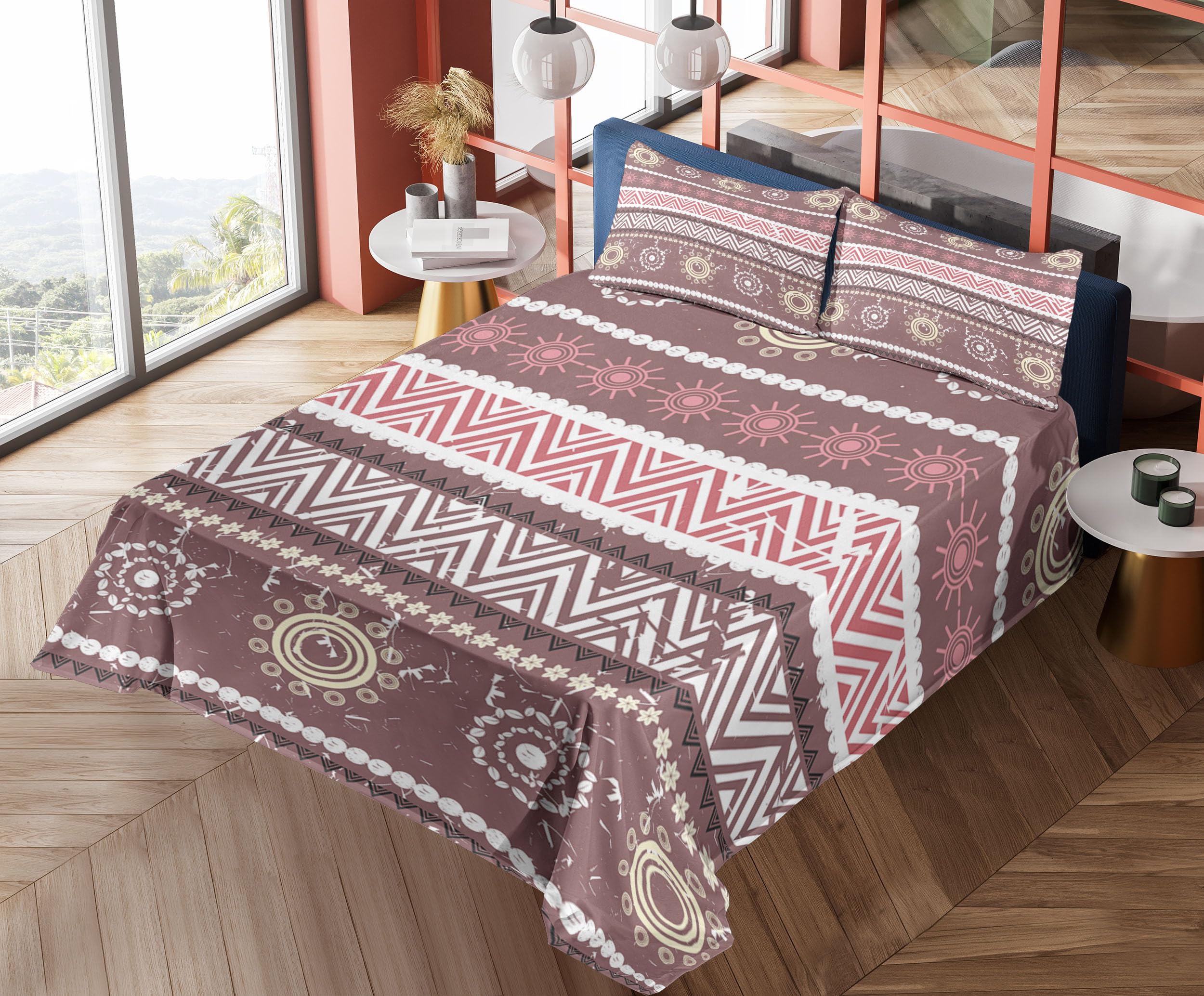 Ambesonne Zambia 4-Piece King Size Sheet Set - Antique Traditional Boho Sun Pattern in Earthen Tones, Dried Rose Yellow | Soft Bed Sheets with Fitted Sheet, Flat Sheet & Pillowcases | Perfect for Bohemian Bedroom Decor, Guest Room & Cozy Home Styling