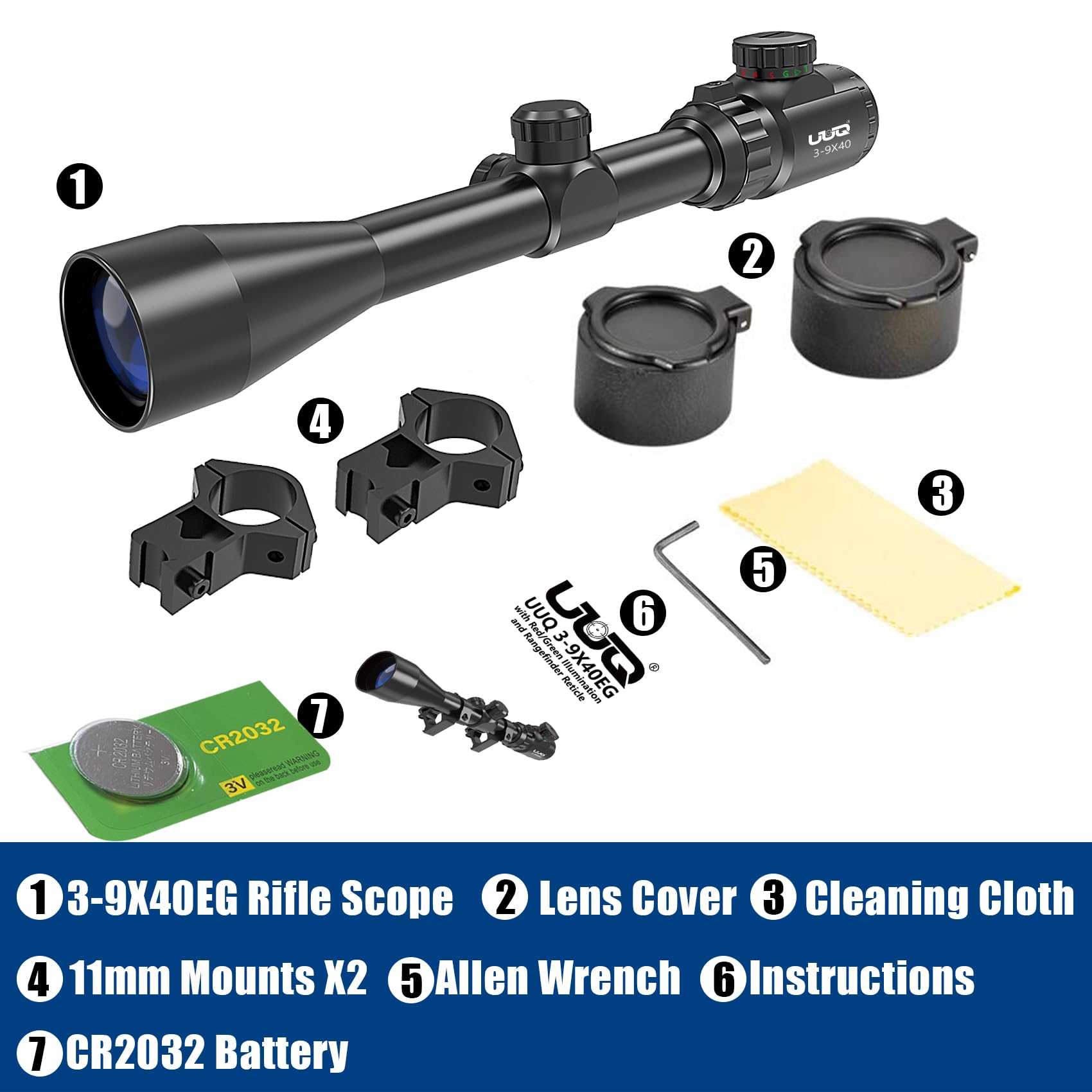 UUQ 3-9×40 Rifle Scope with Red/Green Illuminated Reticle - Rangefinder, Waterproof & Fog-Proof - Includes Batteries & Free 11mm Mounts - Perfect for Hunting, Shooting & Outdoor Adventures