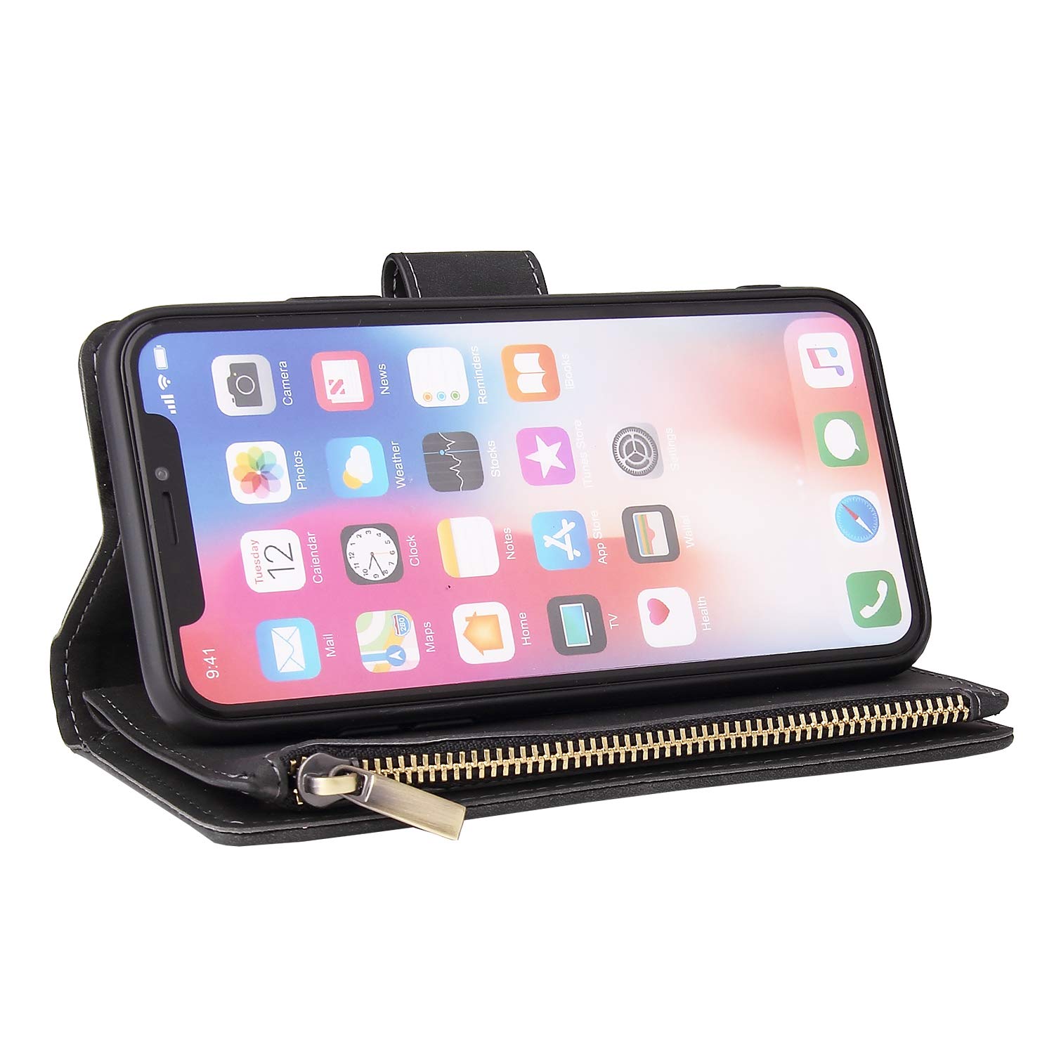 Premium iPhone X/Xs/10 Wallet Case with Tempered Glass Screen Protector - Flip Cover Card Holder & Stand - Compatible with iPhone X/Xs/10 (6.1
