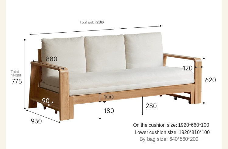 Oak Solid Wood Nordic Telescopic Sofa Bed - Space Saving Convertible Couch for Small Apartments & Guest Rooms | Modern Scandinavian Furniture for Living Room & Studio