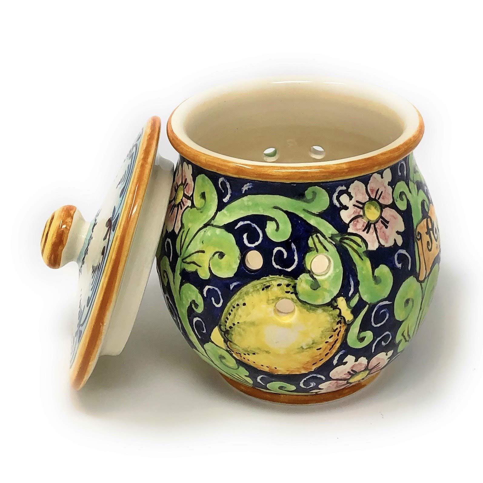 Italian Hand-Painted Tuscan Ceramic Garlic Jar Holder - Lemon Decor Art Pottery from Italy | Perfect for Kitchen Decor, Gift Ideas & Mediterranean Style Homes