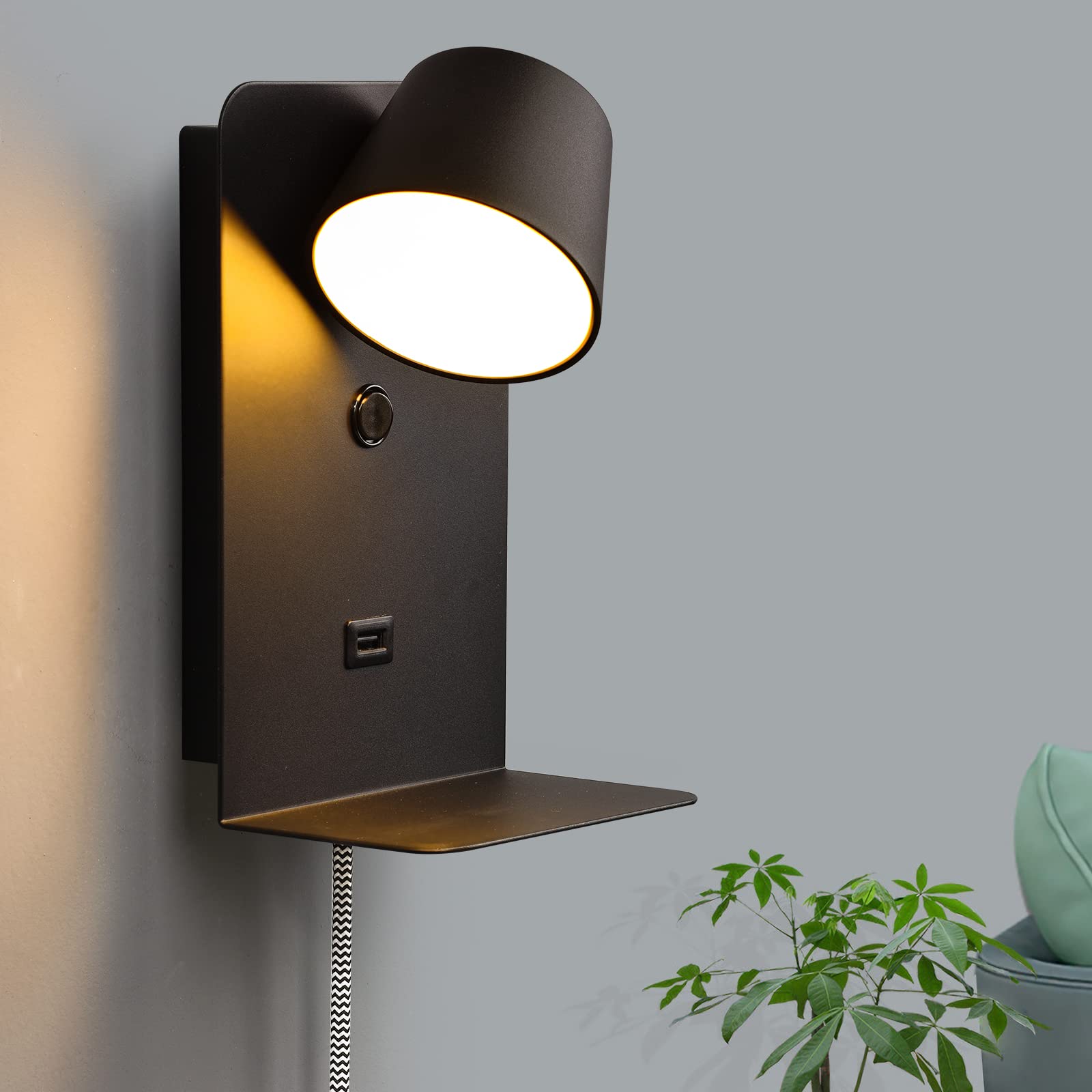 Rotatable Swing LED Wall Sconce with Shelf - USB Charging Port & 2700K Warm White Light - Modern Black Reading Lamp for Bedroom, Living Room, and Hallway Night Lighting