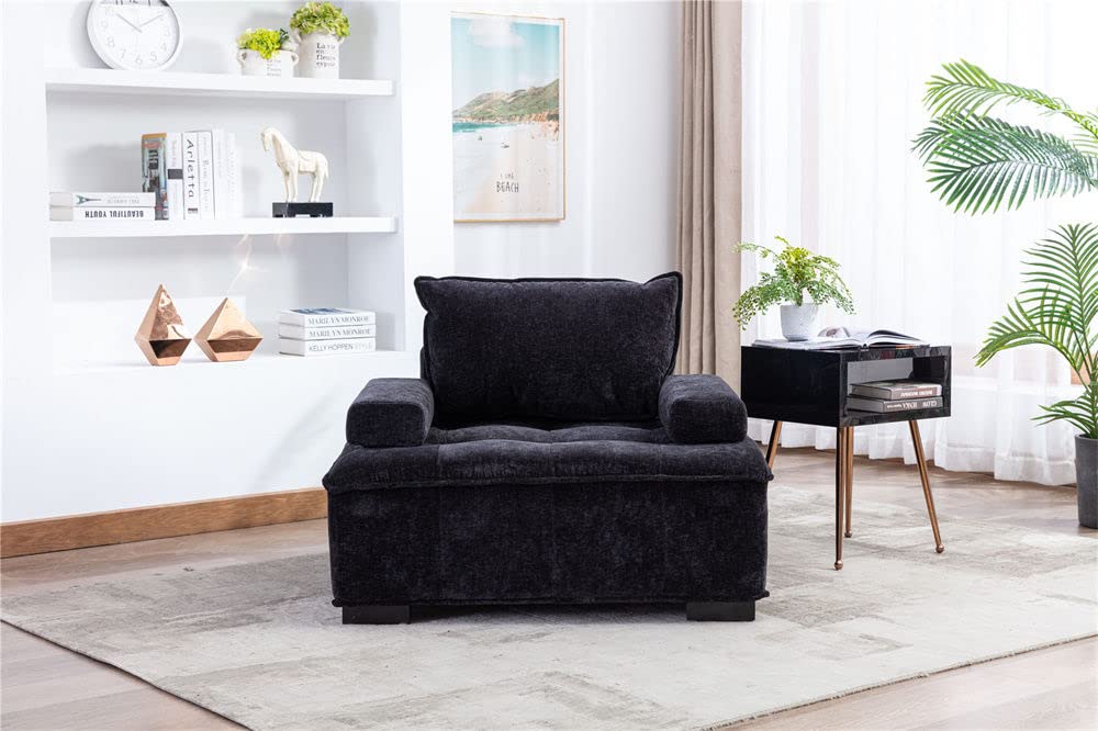 Modern Accent Barrel Sofa - Linen Upholstered Armchair with Removable Cushions & Solid Wood Legs - Lounge Chair for Living Room, Bedroom or Office - Black