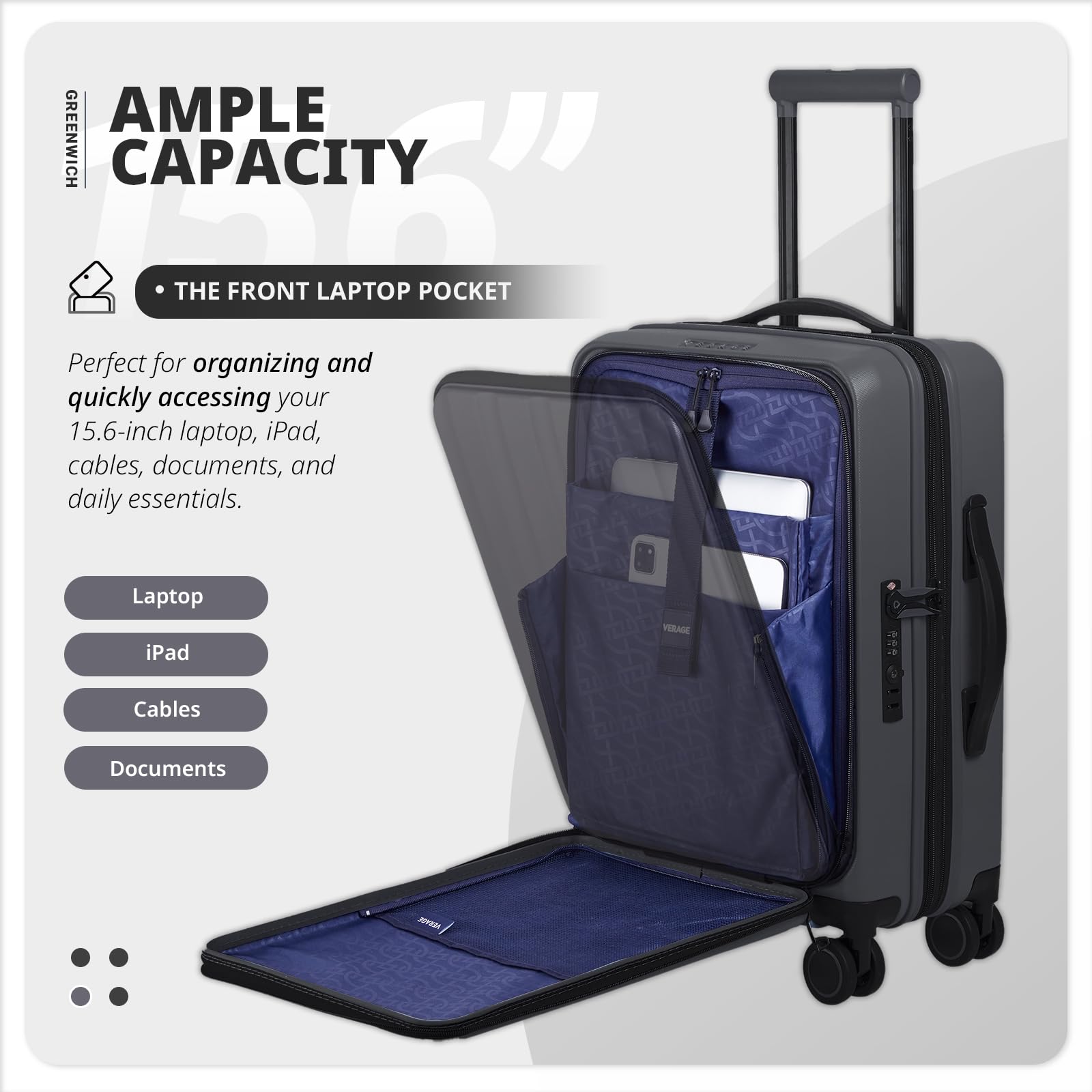 Vercase 20 Inch Expandable Hardshell Carry On Luggage with Spinner Wheels - Airline Approved R-PET Suitcase (22x14x9 Inches) for Easy TSA Check, Midnight Black - Perfect for Business Travel & Weekend Getaways with Dedicated Laptop Compartment