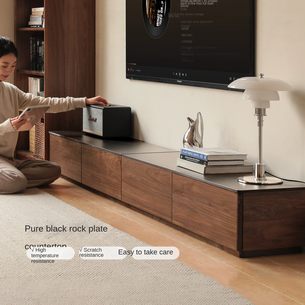 Black Walnut Solid Wood TV Stand with Rock Slab - Rustic Modern Entertainment Center for Living Room, Bedroom & Home Theater