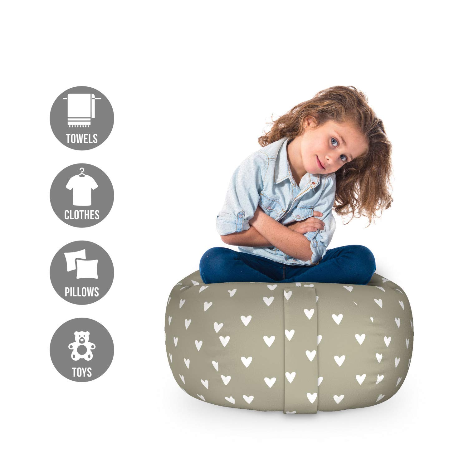 Ambesonne Romantic Storage Toy Bag Chair - I Love You Theme with Hearts for Birthday, Friendship & Romance - Washable Stuffed Animal Organizer (Small Size, Pale Sage Green & White) - Perfect for Kids' Room, Nursery & Gift Giving