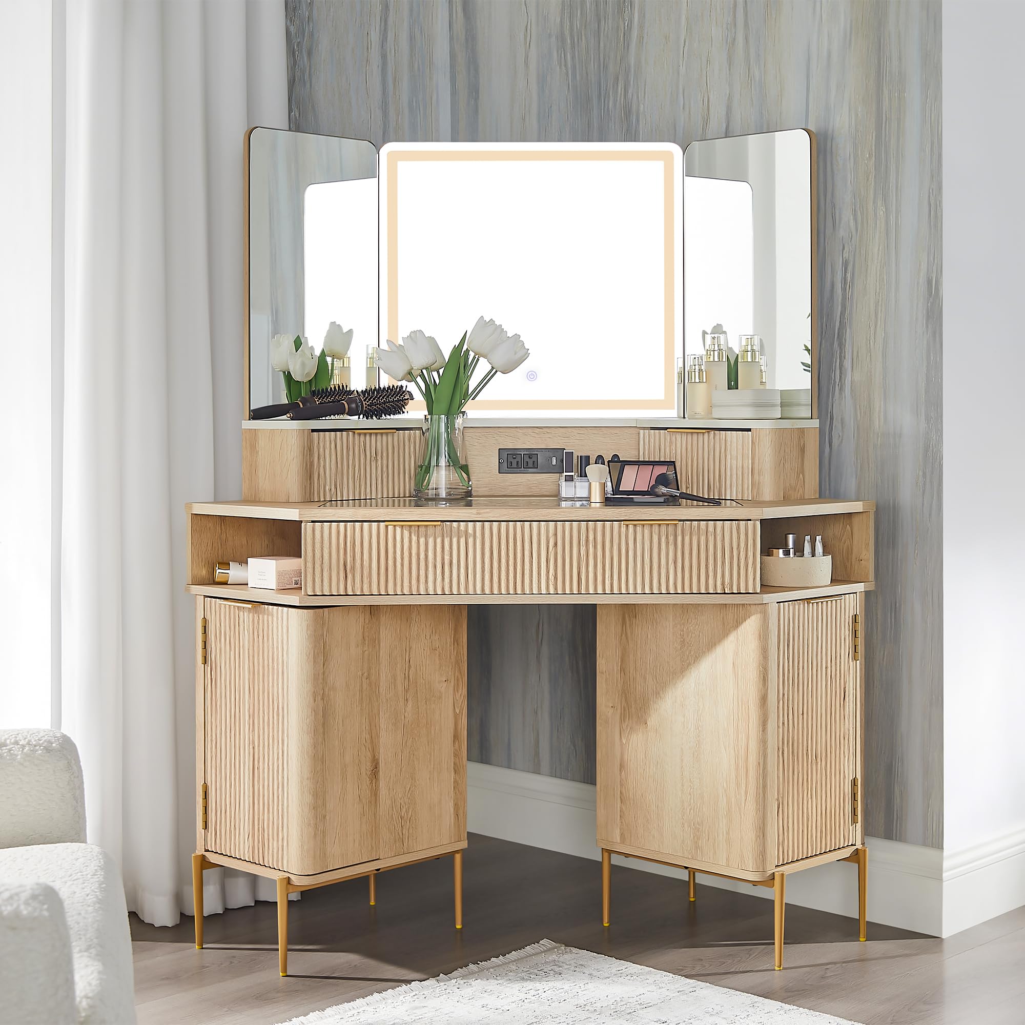 T4TREAM 48 Inch Fluted Makeup Vanity Desk with HD Triple Mirror & LED Lights - Modern Lighted Corner Dressing Table with Glass Top, 3 Drawers & 2 Cabinets - Natural Oak Finish for Bedroom, Home Decor & Beauty Room Organization