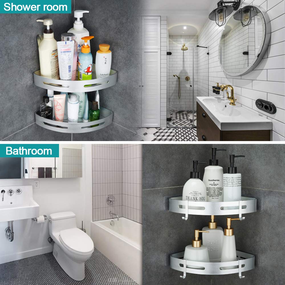 HOOMTAOK No-Drill 2-Tier Corner Shower Shelf - Wall Mounted Adhesive Bathroom & Kitchen Storage Basket (Silver) - Perfect for Small Spaces, Organizing Toiletries, and Maximizing Shower Storage