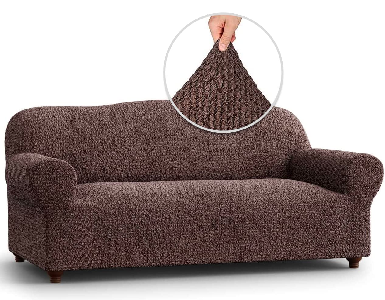Stylish Mamma Mia Stretch Sofa Slipcover - Soft Polyester 1-Piece Washable Couch Cover with Form Fit - Pet-Friendly Furniture Protector in Brown (Mille Righe Collection) - Perfect for Living Room, Family Room & Pet-Friendly Homes