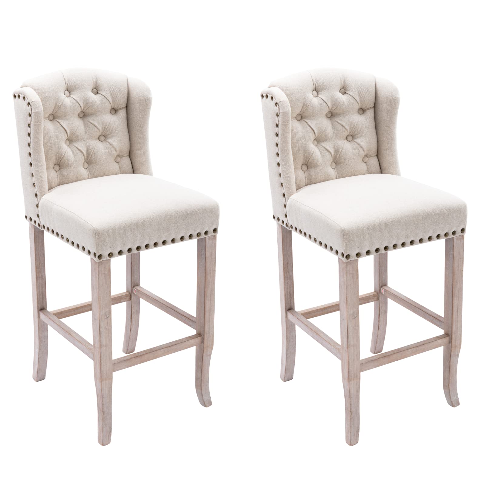 HEAH-YO Modern Bar Stools Set of 2 - 30 Inch Counter Height Barstools with Backrest & Wooden Legs, Upholstered Linen Fabric Kitchen Stools for Island, Breakfast Bar or Dining Room - Beige