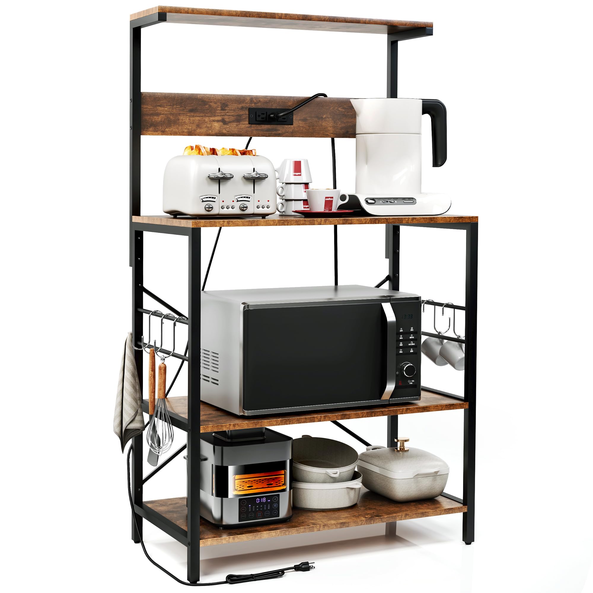 TC-HOMENY 3-Tier Bakers Rack with Power Outlet & 5 S-Hooks - Rustic Brown Kitchen Storage Shelf, Microwave Stand & Coffee Station Organizer | Perfect for Small Kitchens, Pantry Organization & Dining Room Storage