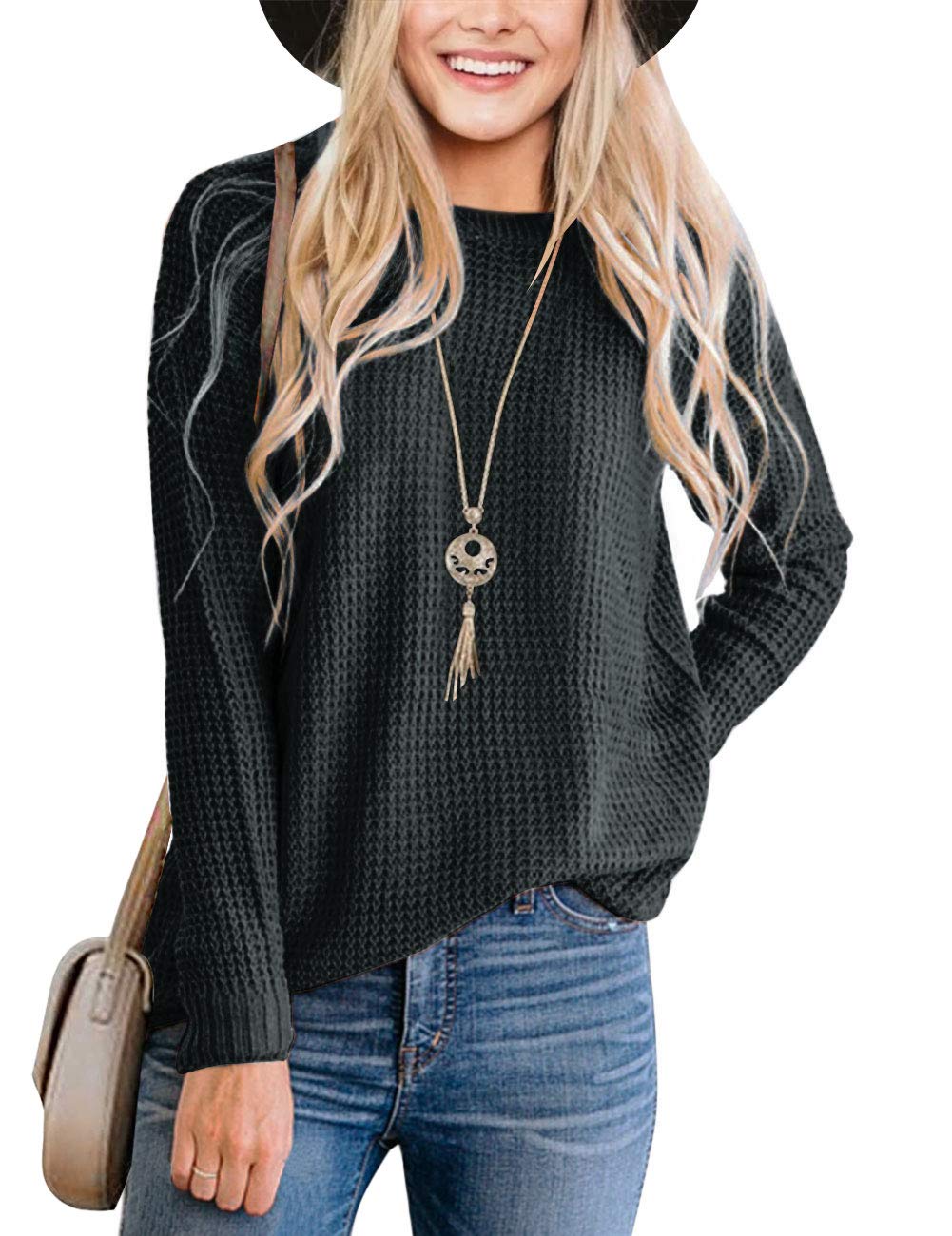 MEROKEETY Women's Long Sleeve Waffle Knit Sweater - Soft Crewneck Pullover Jumper Top for Fall & Winter | Casual Outfit, Office Wear & Coffee Dates