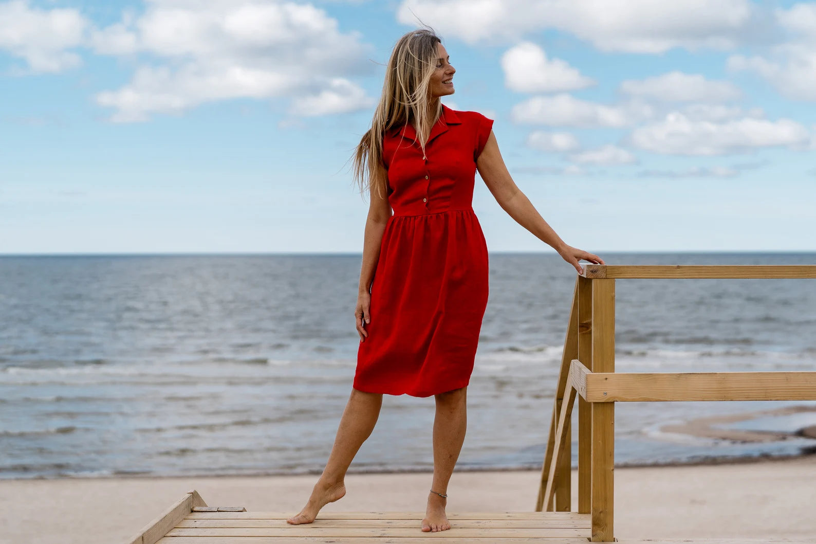 Elegant Red Fitted Linen Dress for Women - Cinderella Style Summer Dress for Casual Wear, Beach Outings, and Special Occasions