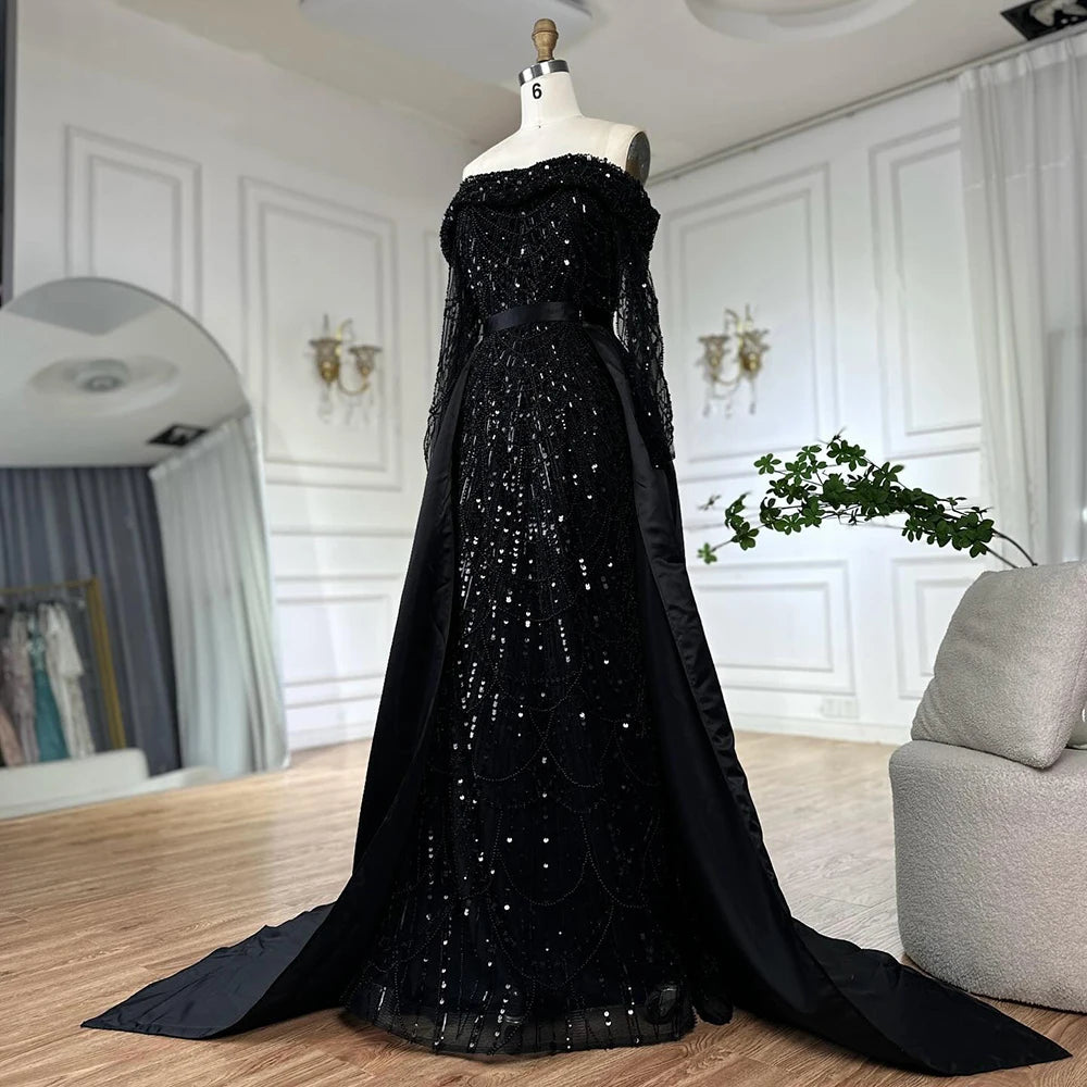 Luxury Black Off Shoulder Beaded Corset Evening Gown with Detachable Satin Overskirt - Dubai Inspired Formal Dress LA72254B for Prom, Wedding & Red Carpet Events