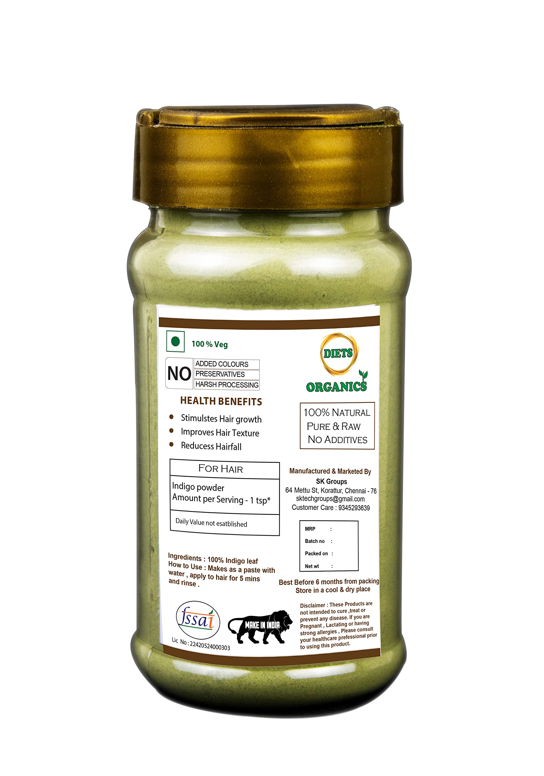 DIET Organics Indigo Powder for Natural Black Hair - 50g (Pack of 1) | Chemical-Free Hair Dye & Gray Coverage | Perfect for DIY Herbal Hair Coloring at Home
