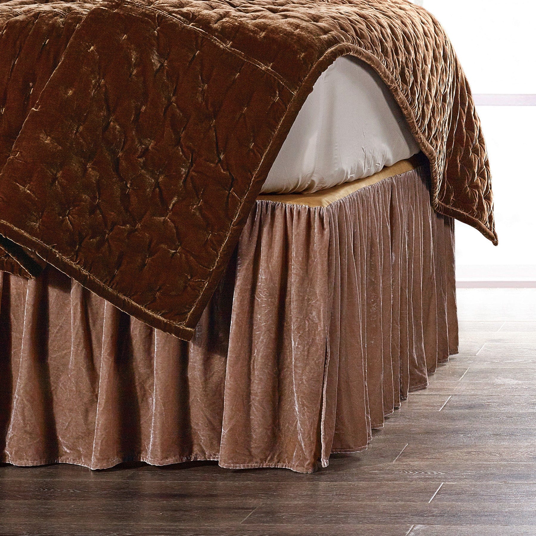 Stella Faux Silk Velvet Bed Skirt - Luxury Ruffled Bedding Dust Ruffle for Queen/King Size Beds - Perfect for Master Bedrooms & Guest Rooms