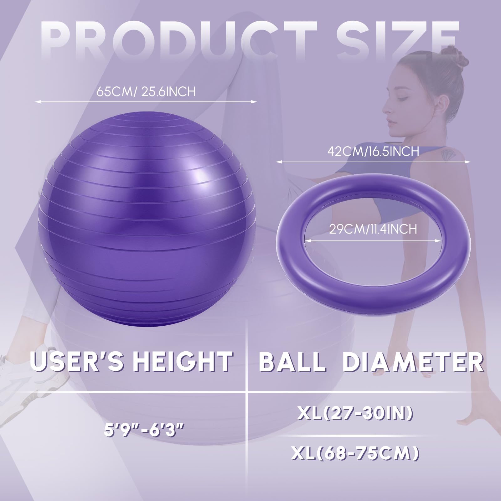 65cm Yoga Ball Chair with Inflatable Stability Base & Resistance Bands - Large Exercise Stability Ball for Home Workout, Office Desk Sitting, Gym Fitness - Relieves Back Pain & Improves Balance - Includes Air Pump - Perfect for Home Office, Yoga Practice & Core Strength Training