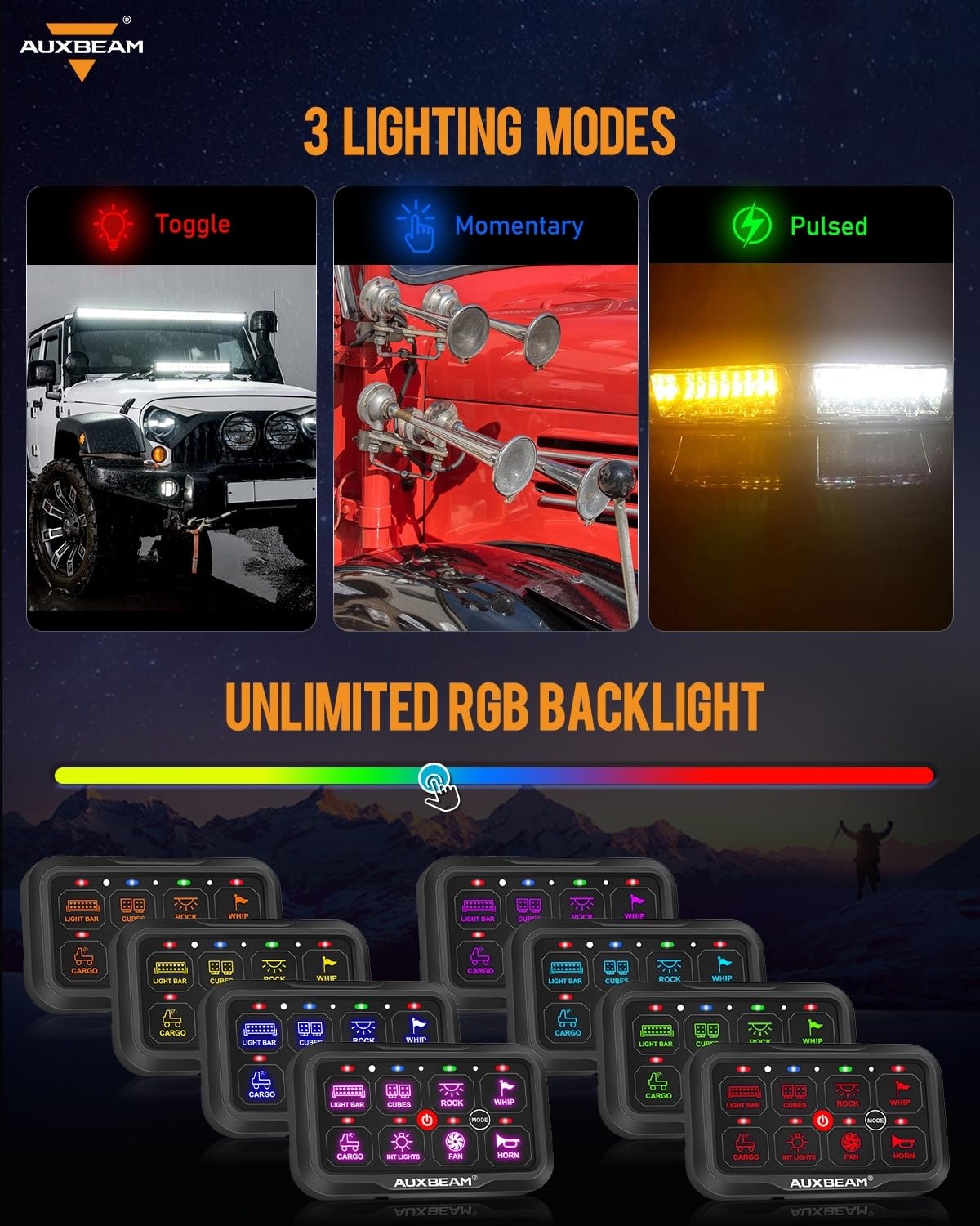 Auxbeam 8 Gang Switch Panel Bluetooth RGB AC-800 with APP & Remote Control - Waterproof Toggle Switch Panel for Truck, Offroad, UTV, ATV, Car, Marine (12-24V) - 2 Year Warranty | Perfect for Off-Road Adventures, Marine Applications & Vehicle Customization