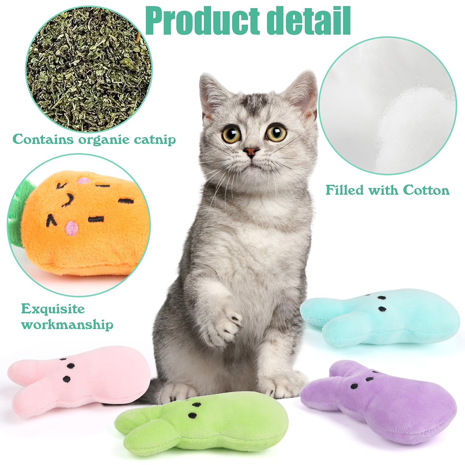 FOIMAS 6pcs Bunny Carrot Catnip Toys - Plush Chew Toys for Kittens, Easter Cat Gifts, Stress Relief for Cats - Perfect for Playtime, Teething & Holiday Presents
