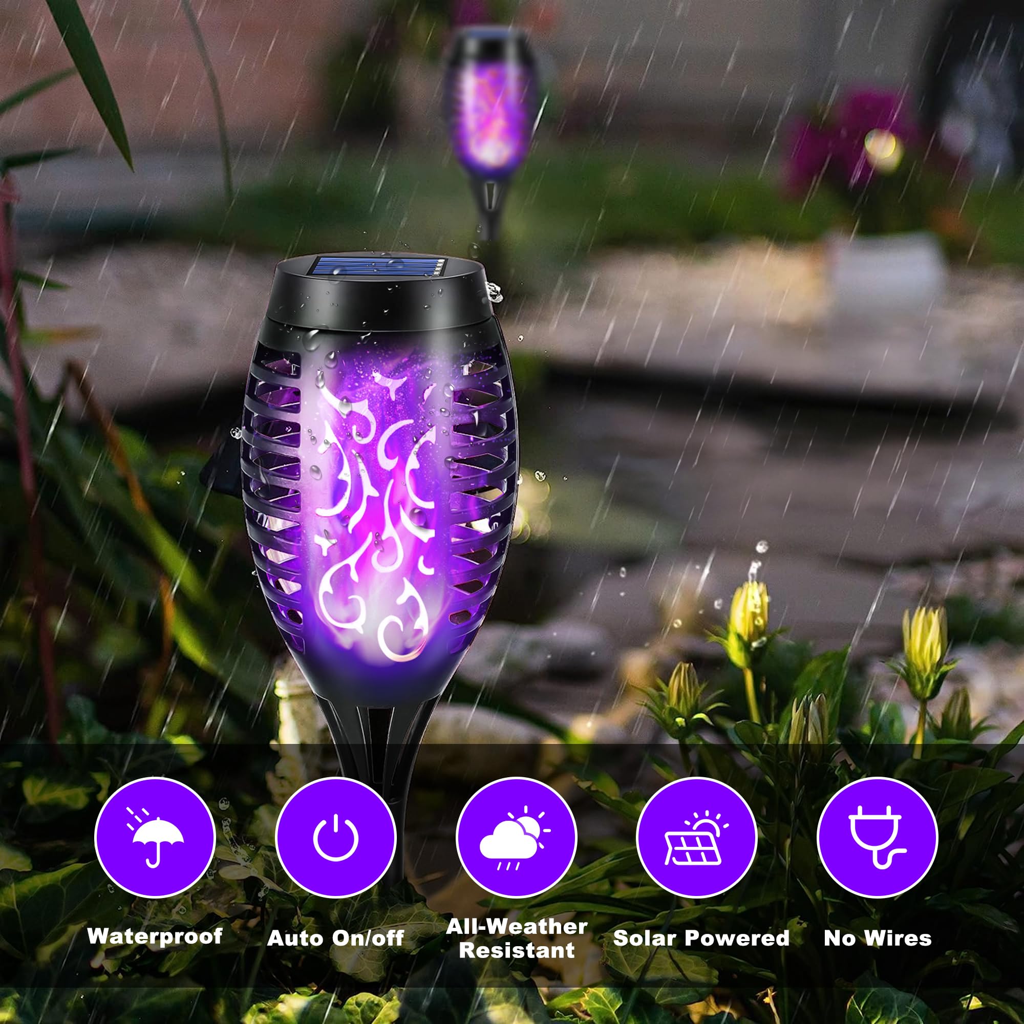 12 Pack Purple Solar Powered Tiki Torch Lights - Waterproof Outdoor Christmas Decorations with Realistic Flickering Flame - Perfect for Patio, Garden, Pathway & Holiday Lighting