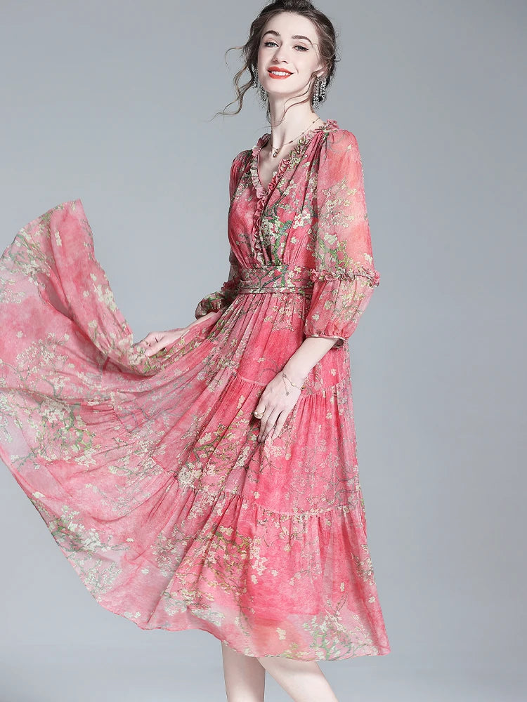 EVNISI Women's Boho Chiffon Summer Dress - V-Neck Floral Print A-Line Red Elegant Office Dress for Women | Perfect for Parties, Weddings & Summer Outings