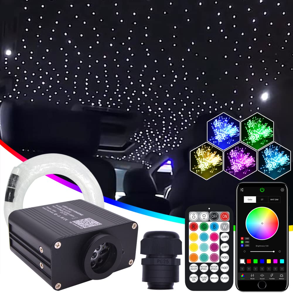 Fiber Optic Starlight Headliner Kit - LED Starry Night Ceiling Lights with RGBW Bluetooth APP Control & Music Sync - 300-Piece 6.5ft/2m Car & Home Decor for Bedroom, Theater, or Romantic Ambiance