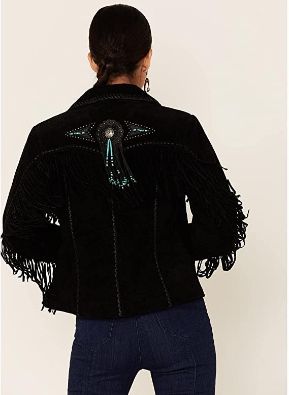 Western Genuine Leather Suede Jacket for Women - Native American Cowgirl Jacket with Beaded Boar & Fringe Tassels | Perfect for Rodeo, Country Music Festivals & Western Themed Parties