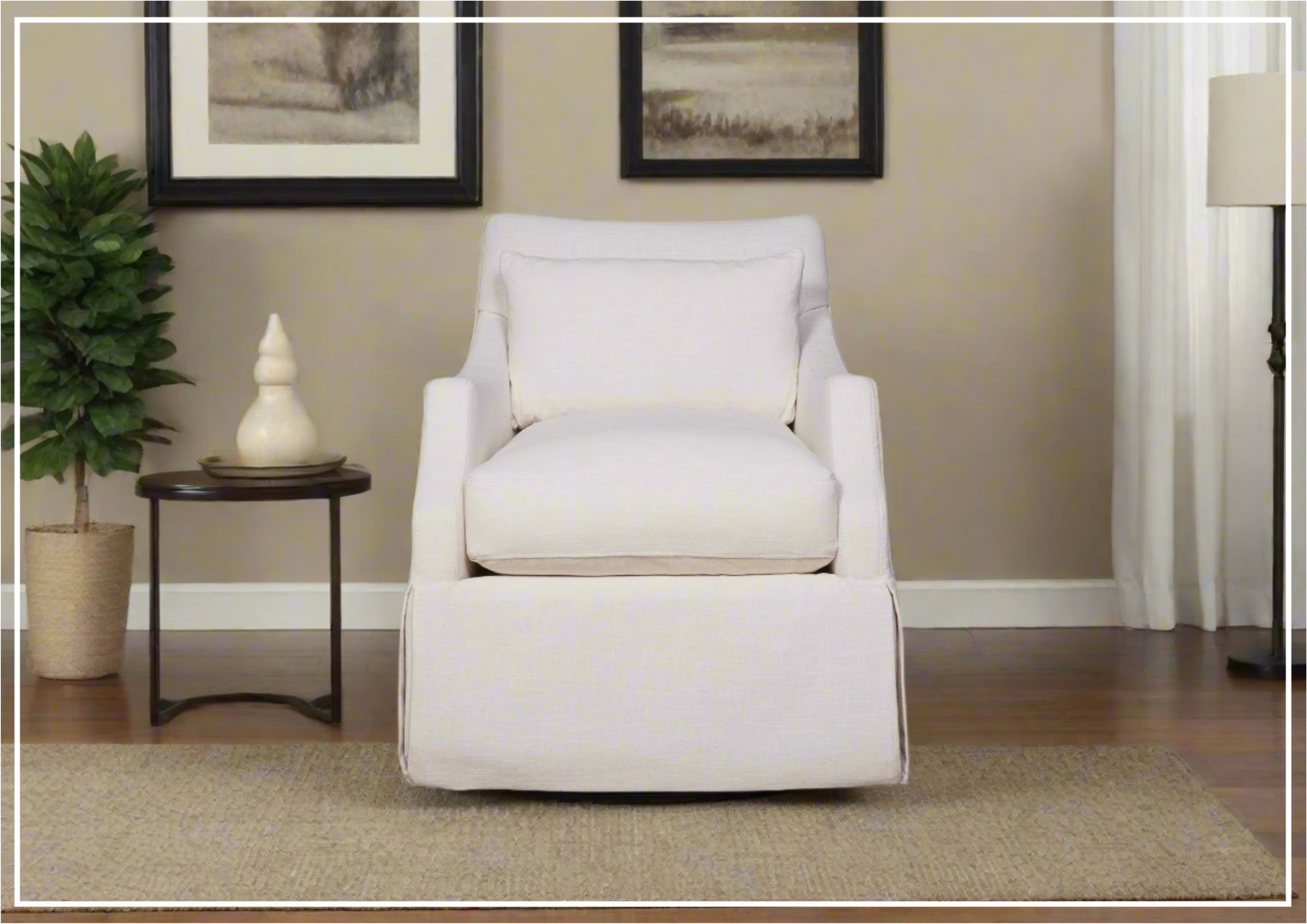 Universal Margaux Swivel Accent Chair - White Fabric Upholstered Living Room Chair with 360° Rotation for Home Office, Bedroom & Lounge Decor