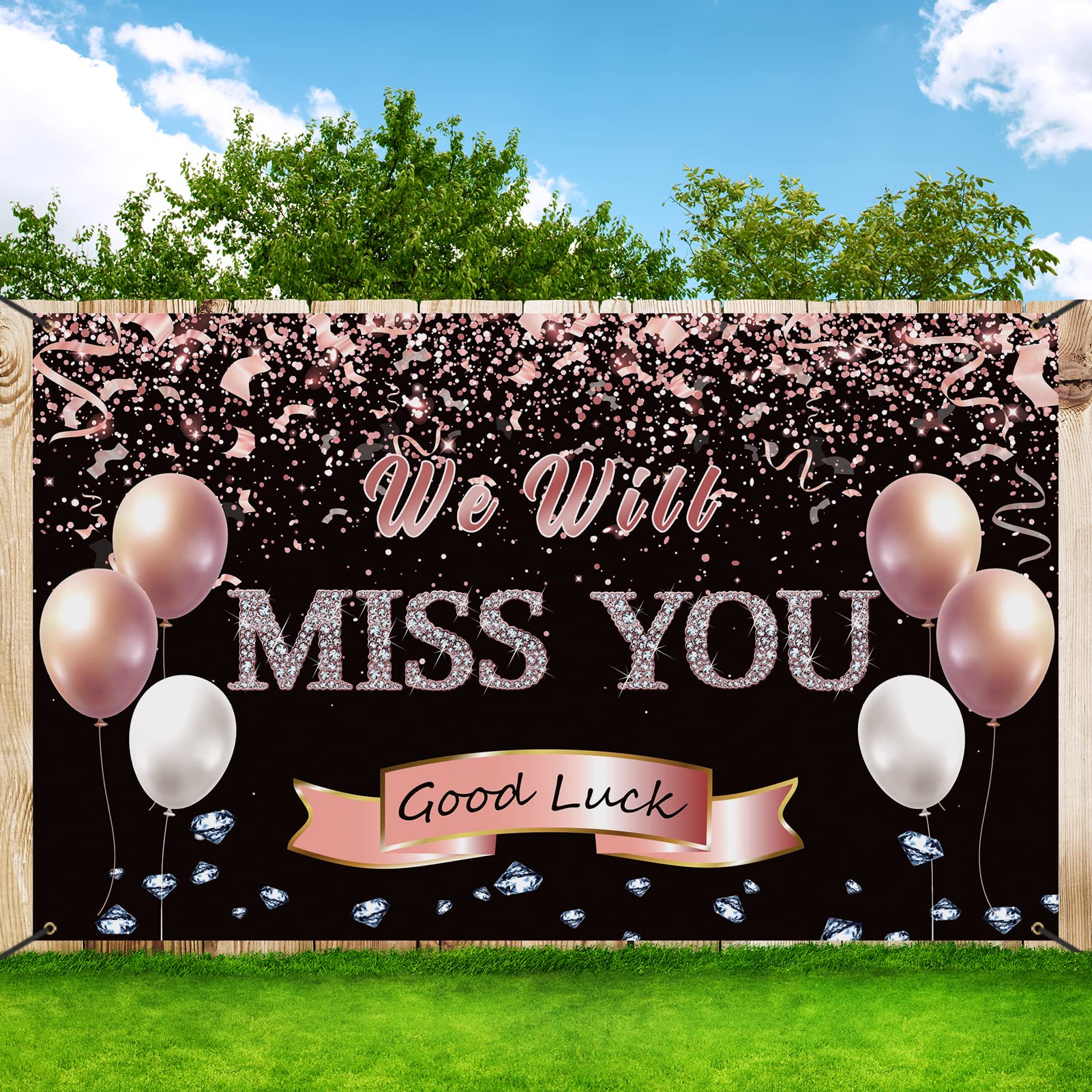 Rose Gold 'We Will Miss You' Sign Banner Backdrop - Retirement Farewell Party Decorations for Office, Graduation, Going Away & Goodbye Parties - Perfect for Work, School & Special Events