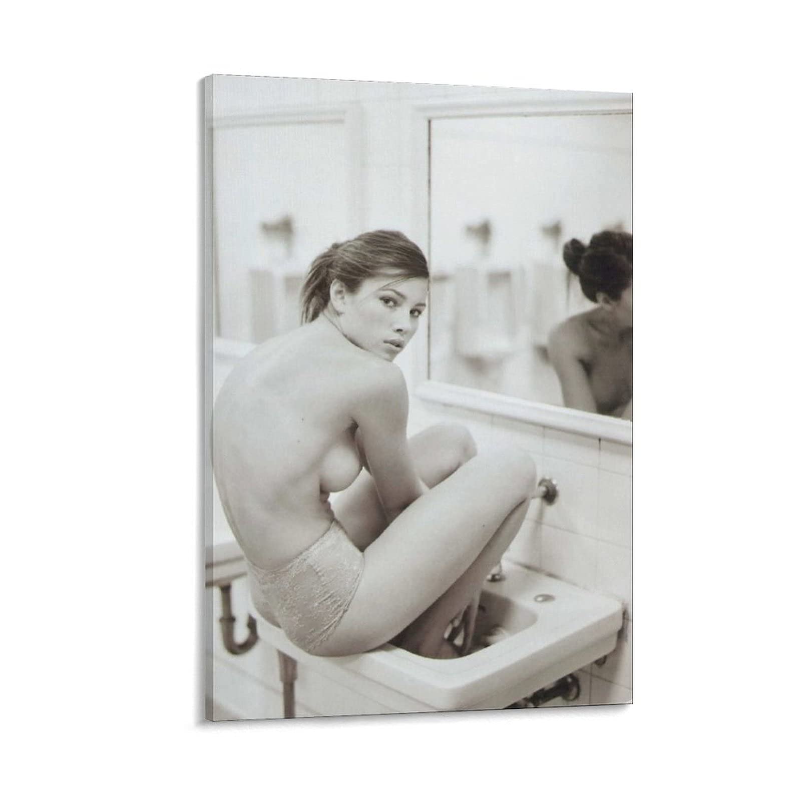 Jessica Biel Black & White Canvas Wall Art Print - 24x36 inch (60x90cm) Sexy Hollywood Poster, Vintage Film Actress Photo Painting - Perfect for Living Room, Bedroom Decor & Movie Lover Gifts