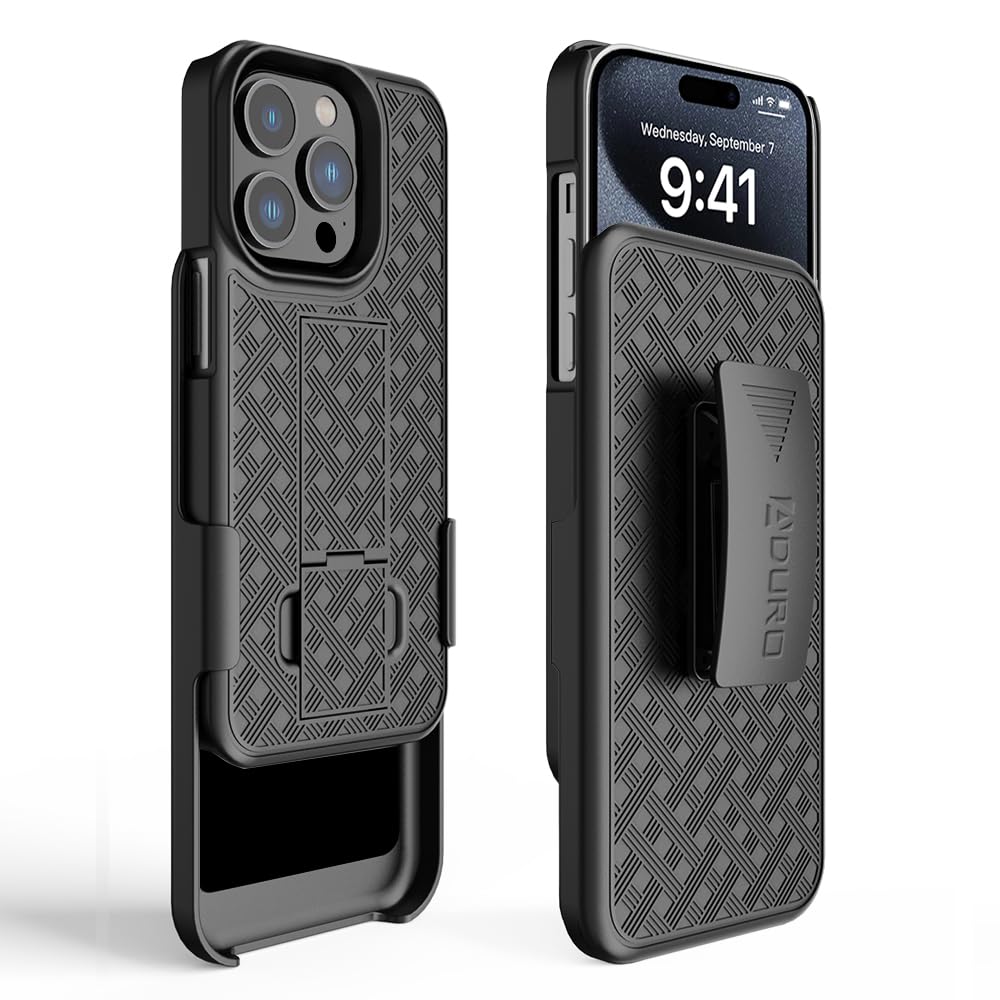 Aduro iPhone 15 Pro Case with Kickstand & Holster - Slim Protective Shell & Swivel Belt Clip - Built-in Stand for Apple iPhone 15 Pro (6.1