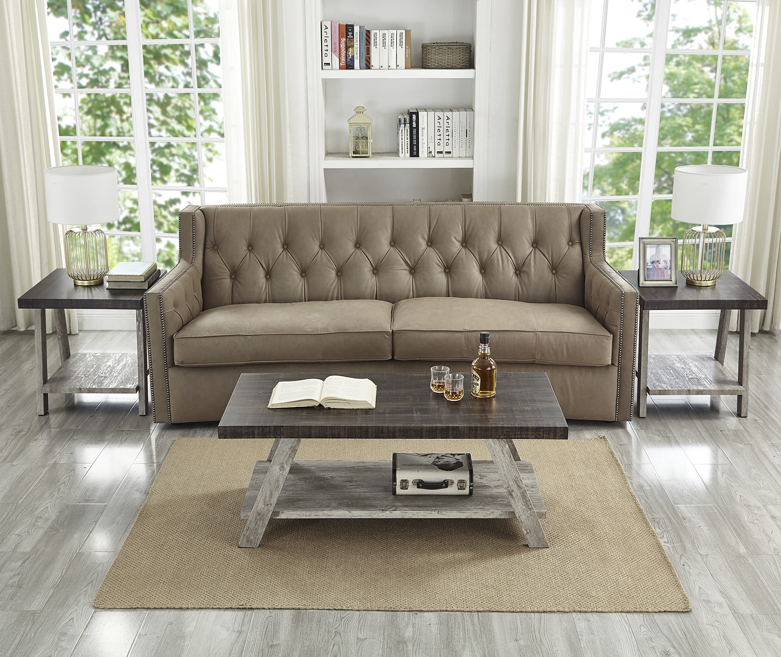 Roundhill Furniture Athens Contemporary 3-Piece Wood Shelf Coffee Table Set in Weathered Walnut & Gray - Modern Living Room Decor for Small Spaces, Apartments & Home Office