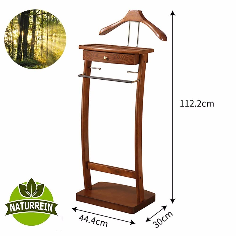 Premium Wooden Suit Valet Stand - 44.4X30X112.2CM Butler Clothing Rack with Stable Base for Suits, Jackets & Pants | Ideal for Office, Living Room & Bedroom Organization | Space-Saving Floor Standing Garment Hanger for Men's Wardrobe