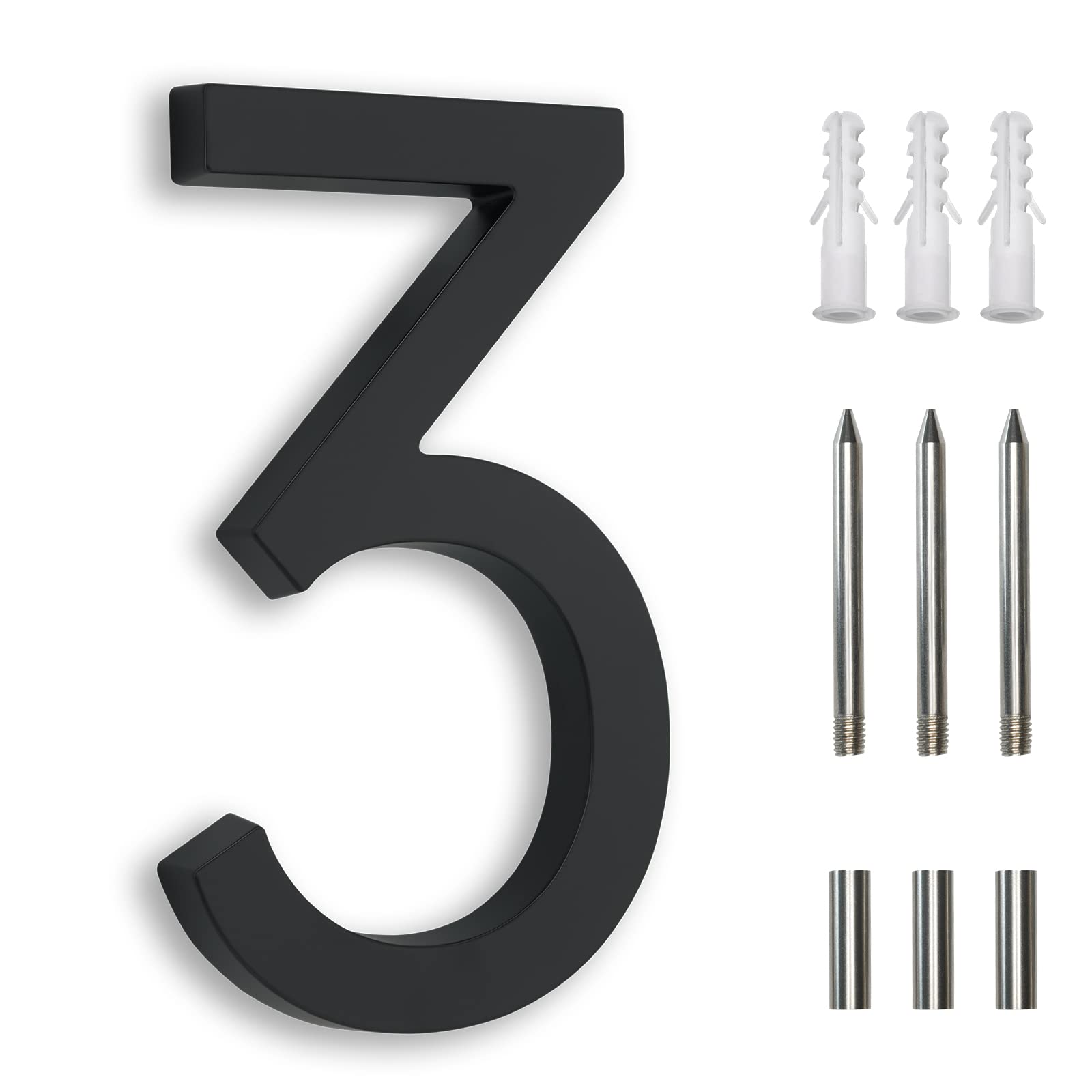 7 Inch Modern Black Metal House Numbers - Floating Flush Mount Zinc Alloy Address Plaque for Outdoor Use (Number 3) | Perfect for Front Door, Mailbox, and Street Address Visibility