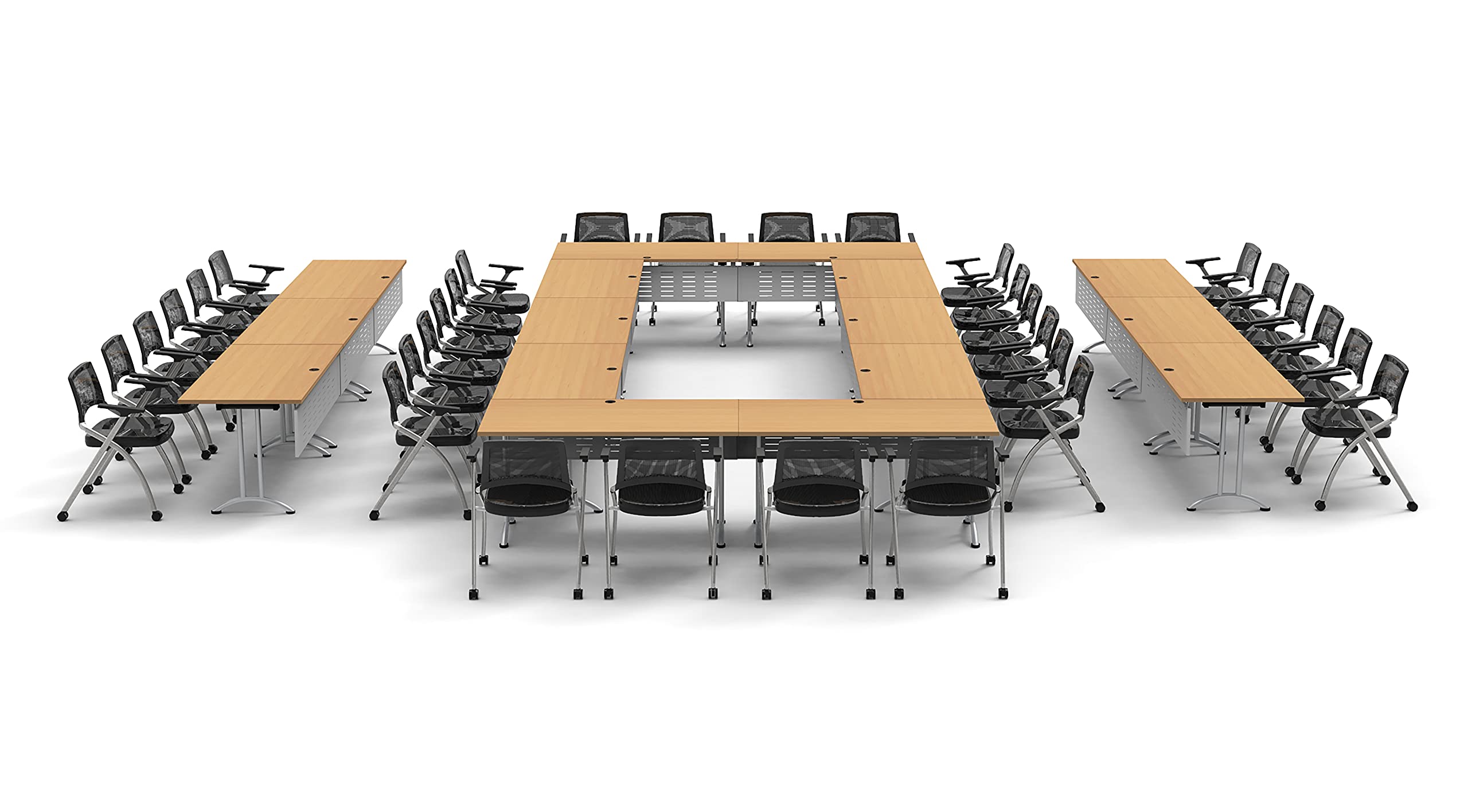 32-Person Folding Conference Table Set with 64pc Beech Chairs & Modesty Panels - Connectable Training Tables for Seminars, Classrooms & Meetings - Space-Saving Foldable & Nestable Design for Easy Storage - Perfect for Corporate Events, Workshops & Educational Spaces