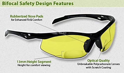 Bifocal Safety Glasses with Polycarbonate Yellow Lens +2.00 Diopter - ANSI Z87.1 Certified for Eye Protection - Ideal for Reading, Construction Work & DIY Projects