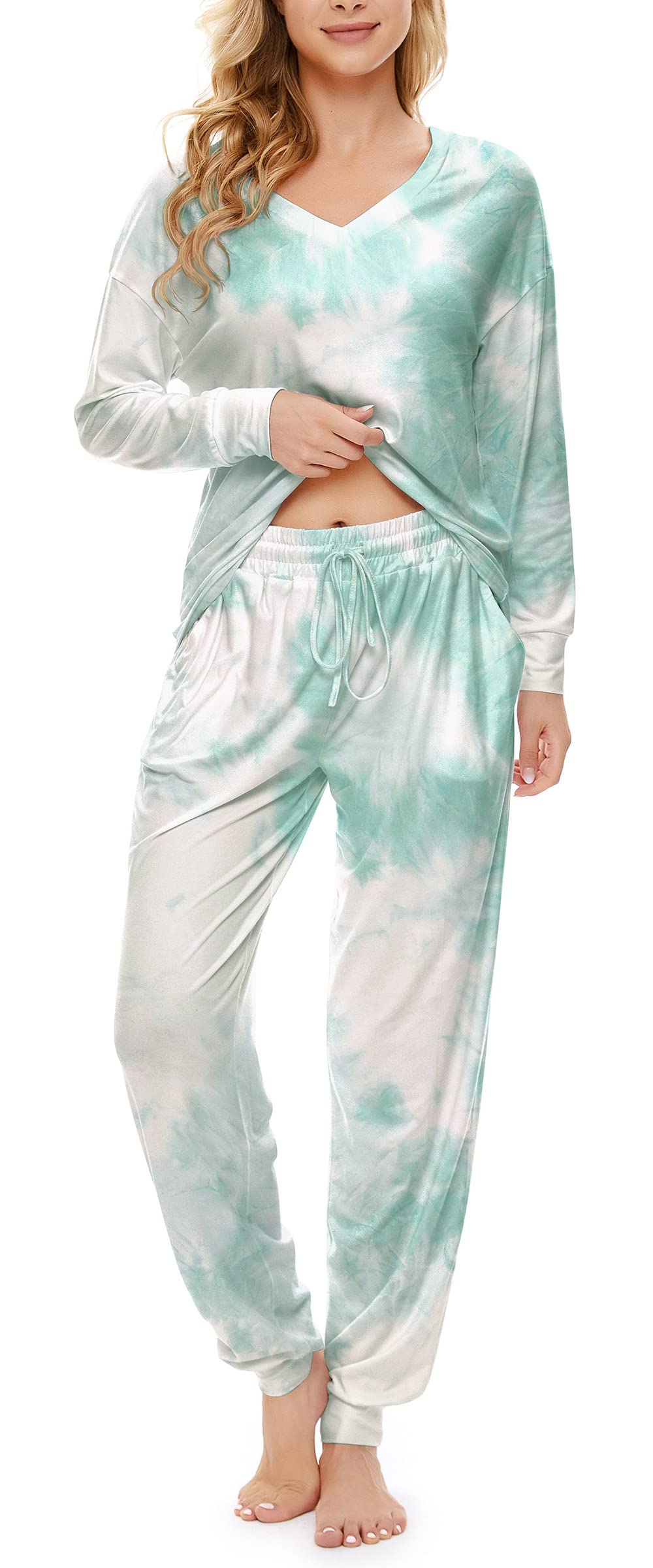 **Forcord Women's Tie Dye Pajama Set - Long Sleeve Sweatshirt & Pants with Pockets - Soft Sleepwear & Lounge Outfit for Cozy Nights at Home**