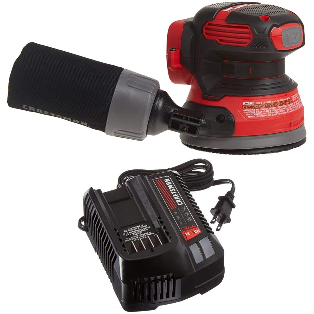 CRAFTSMAN V20 Random Orbit Sander with Fast Charger - Cordless, Lightweight Power Tool for Woodworking & DIY Projects (CMCW220B & CMCB104) - Perfect for Sanding Furniture, Floors, and Auto Body Work