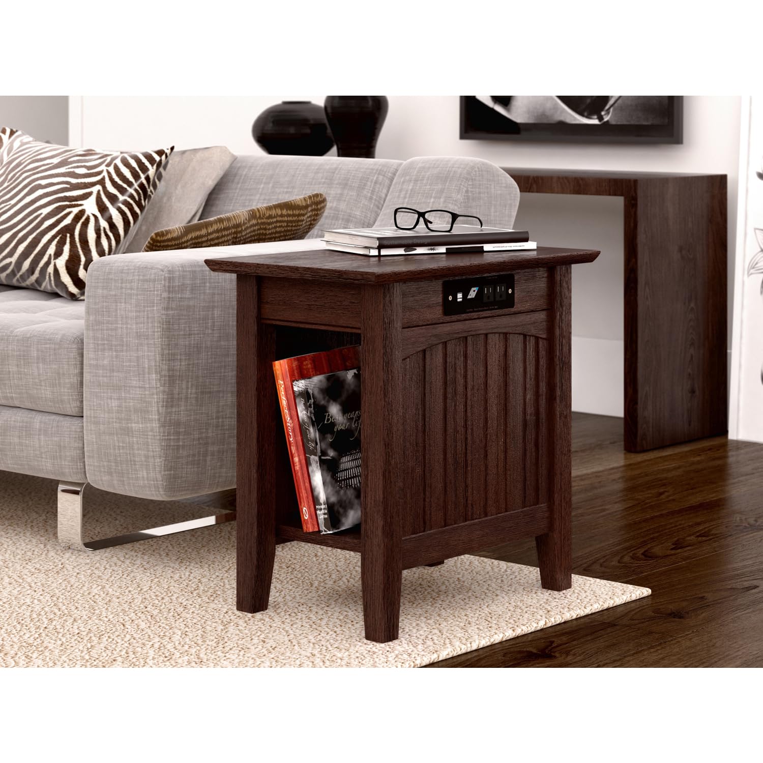 AFI Nantucket Chair Side Table with Built-in USB Charger - Rustic Burnt Amber End Table for Patio, Living Room & Bedroom - Outdoor & Indoor Accent Table with Charging Station