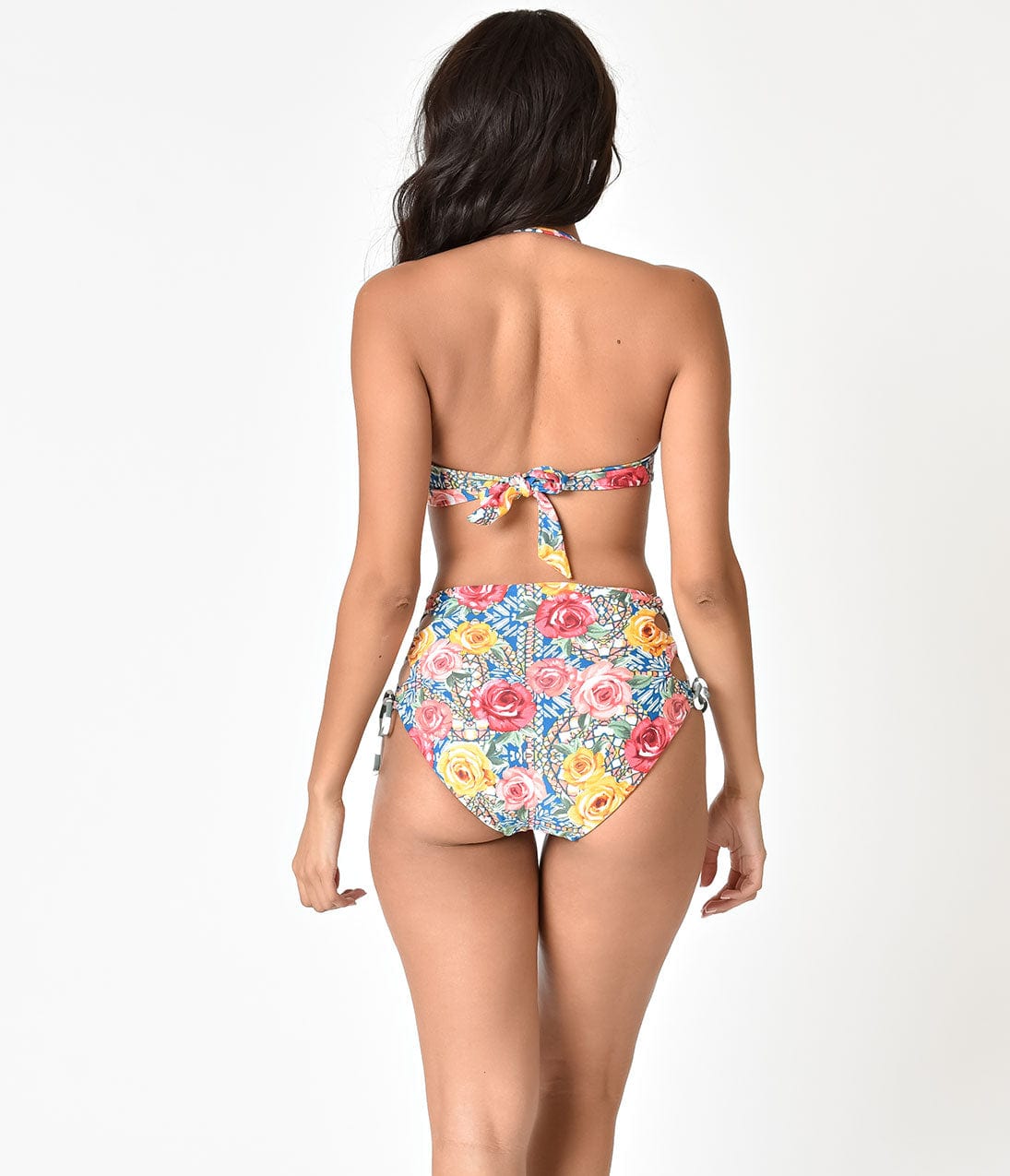Reversible Swim Bottoms for Women - Multicolor Roses Mosaic & Green Stripe Bikini Bottoms | High Waisted Beach Swimwear | Perfect for Pool, Beach Vacation & Summer Water Activities