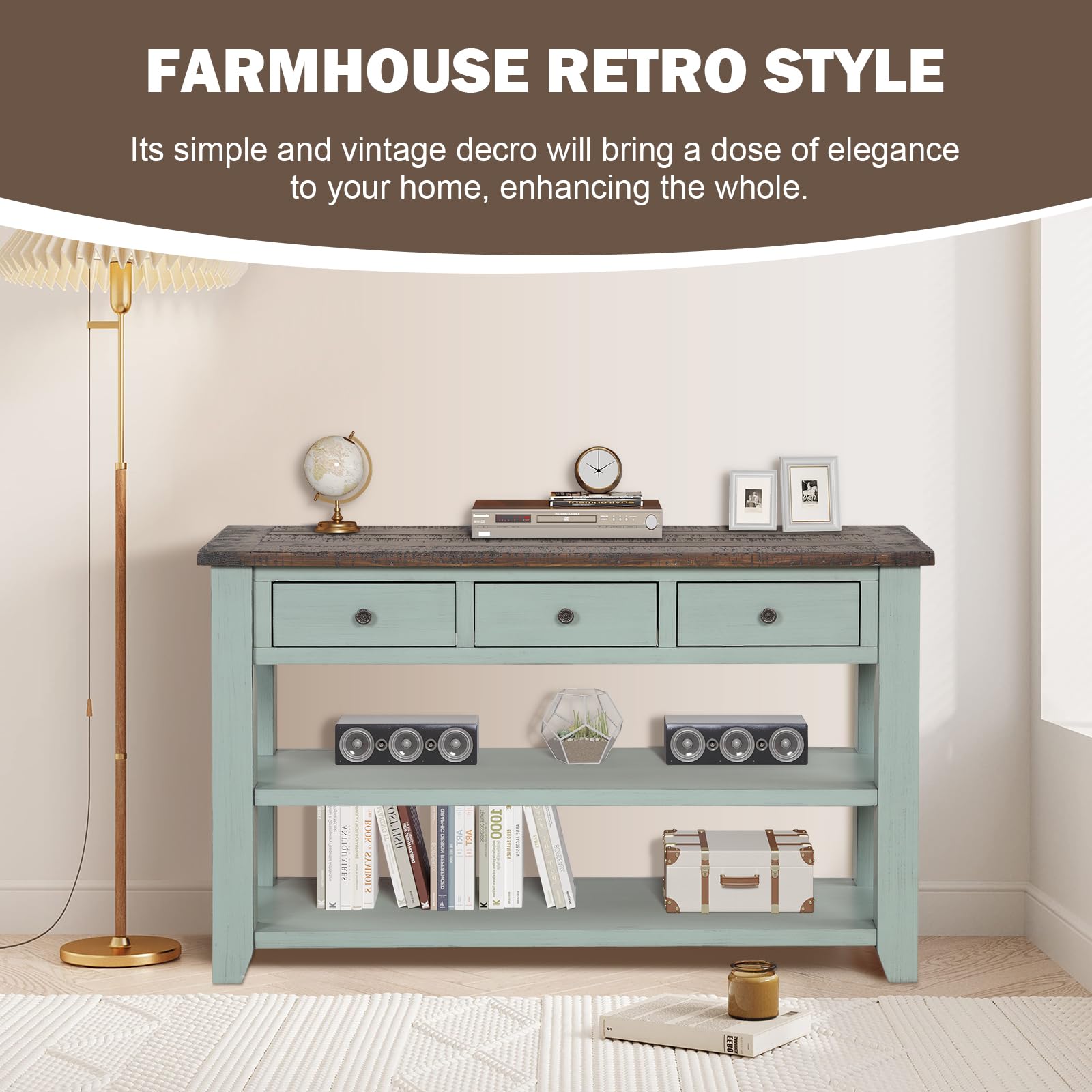INMOZATA 48 Inch Farmhouse Console Sofa Table with Storage - 3 Drawers & 2 Shelves, Entryway Table for Hallway, Living Room - Rustic Green Home Decor (Perfect for Small Space Organization & Entryway Storage)