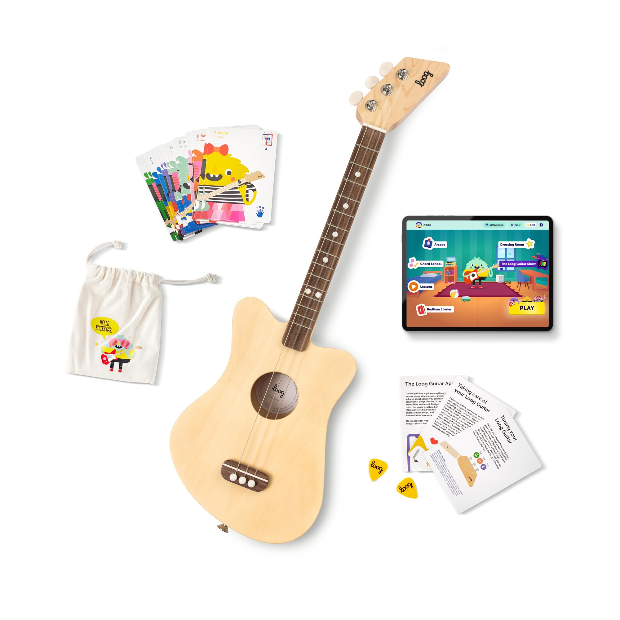 Loog Mini Acoustic 3-String Kids Guitar for Beginners Ages 3+ with Learning App & Lessons - Perfect for Toddler Music Education, Birthday Gifts & Early Childhood Development