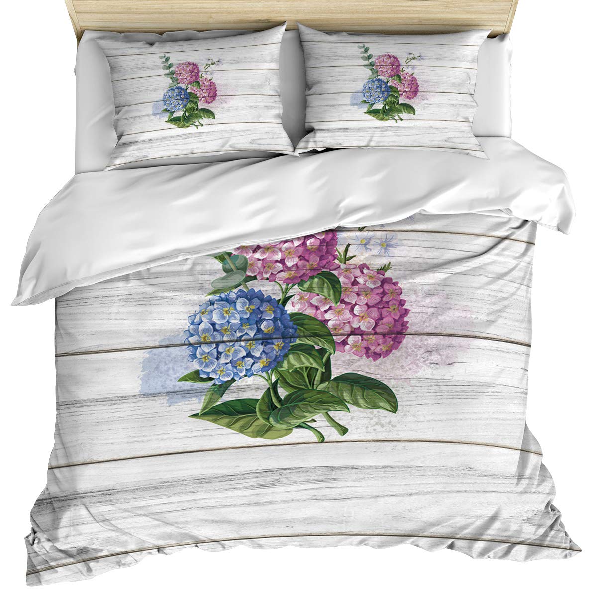 Luxury Full Size Duvet Cover Set - Rustic Wood Hydrangea Floral Print, 3 Piece Bedding Set with Pillow Shams, Soft Cotton Watercolor Spring Design for Cozy Bedroom Decor | Perfect for Master Bedroom, Guest Room & Vacation Homes (Machine Washable)