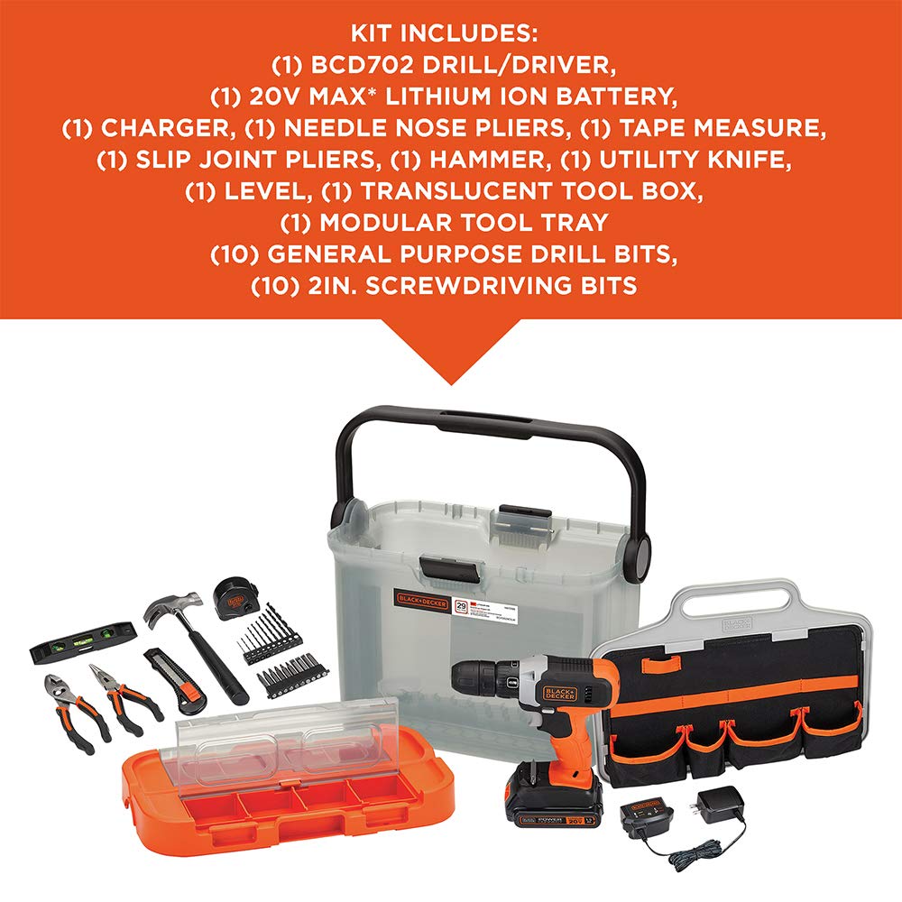 BLACK+DECKER BCKSB29C1 20V MAX* Cordless Drill Kit - 28-Piece Home Tool Set with Translucent Storage Box | Perfect for DIY Projects, Home Repairs & Woodworking Tasks