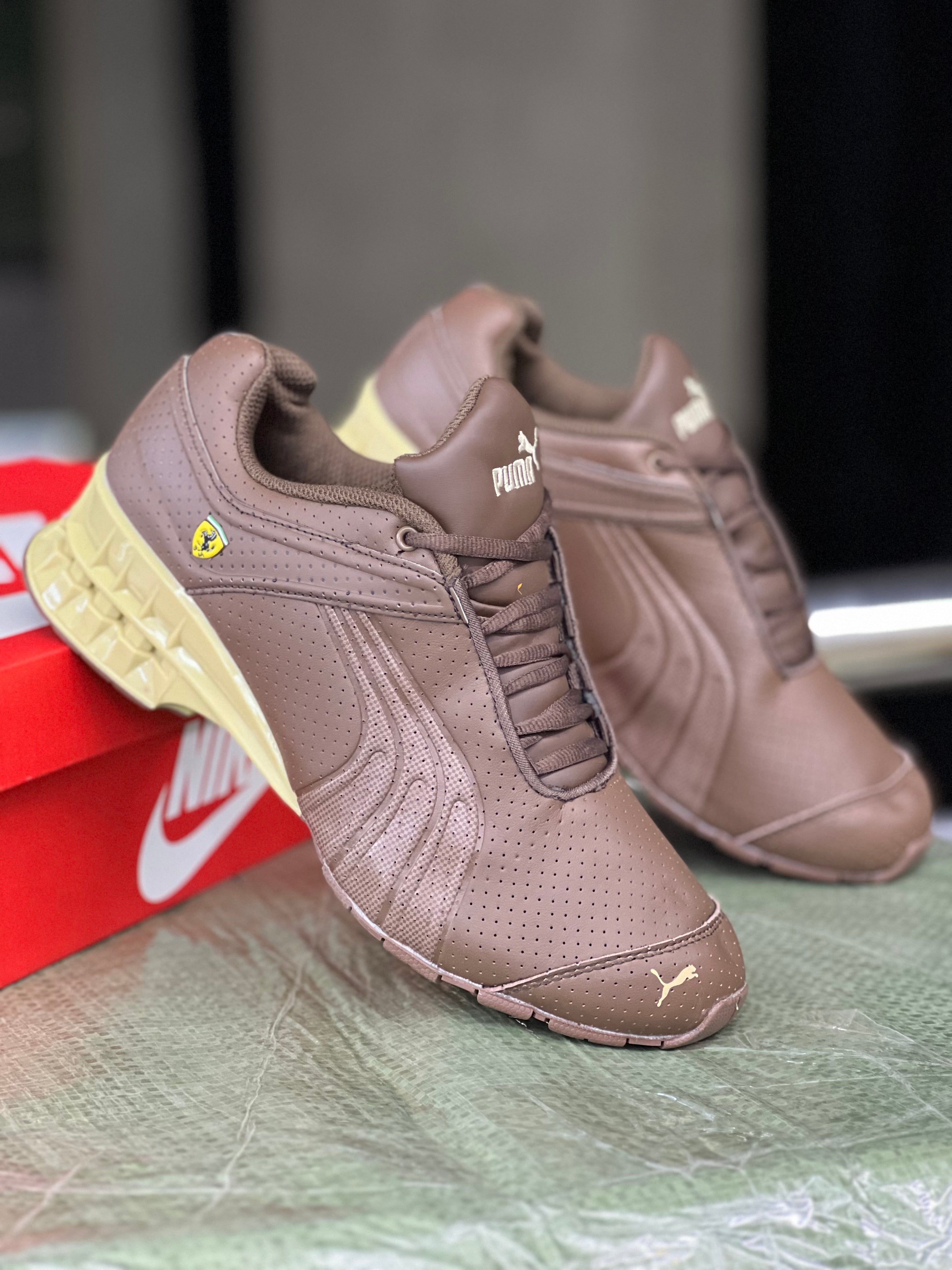 Puma x Ferrari Sneakers - Brown & Mustard Colorway - Stylish Running Shoes for Men & Women - Perfect for Sports, Gym & Casual Wear