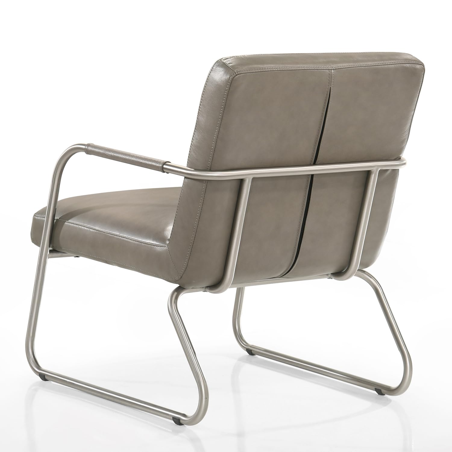 Premium Spencer Stainless Steel & Grey Leather Lounge Accent Chair - Modern Living Room Furniture for Home Office, Reading Nook & Relaxation