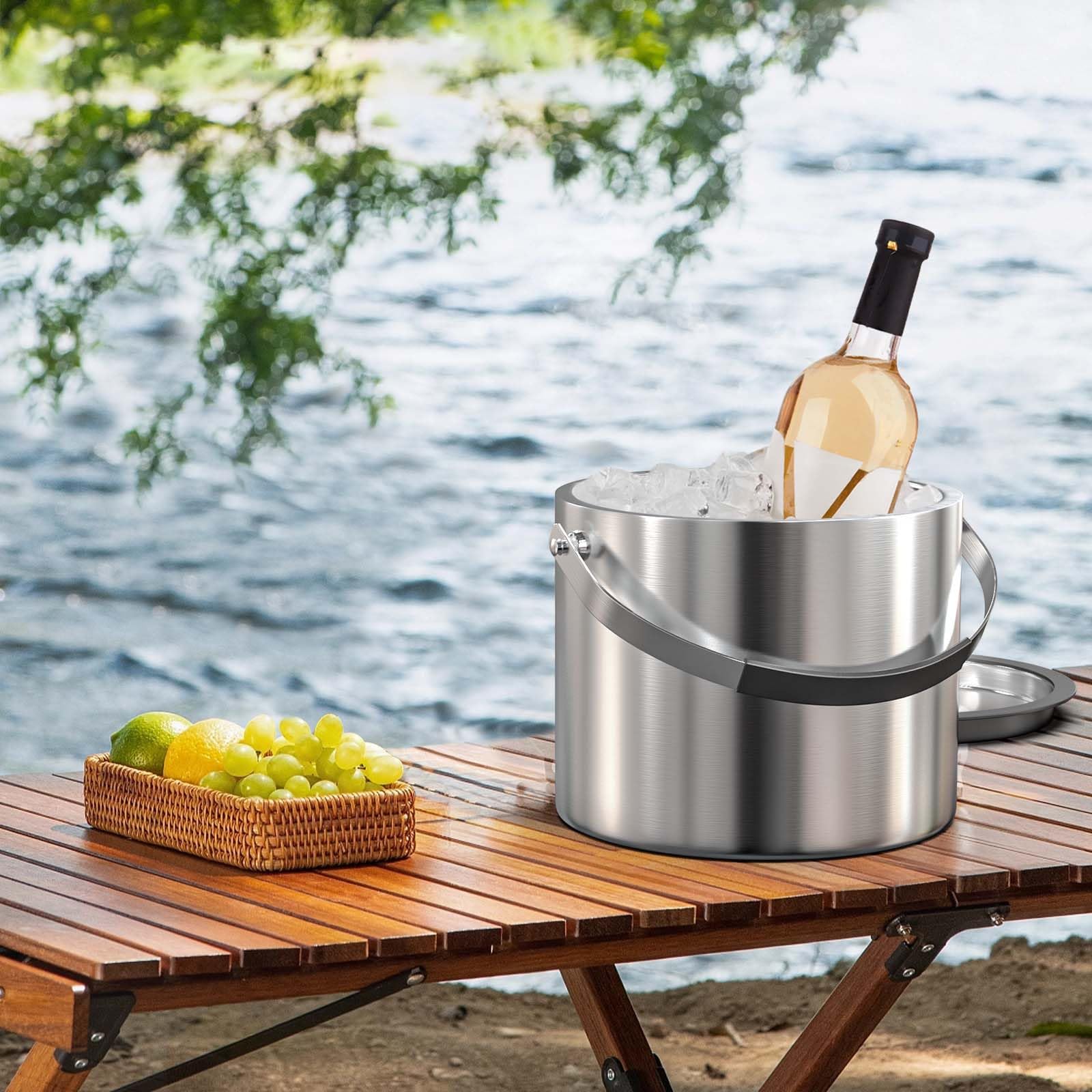 3.2 Liter Double Wall Insulated Stainless Steel Ice Bucket with Silicone Lid, Strainer & Tongs - Wine Chiller for Cocktails, Parties, Home Bar & Outdoor Entertaining