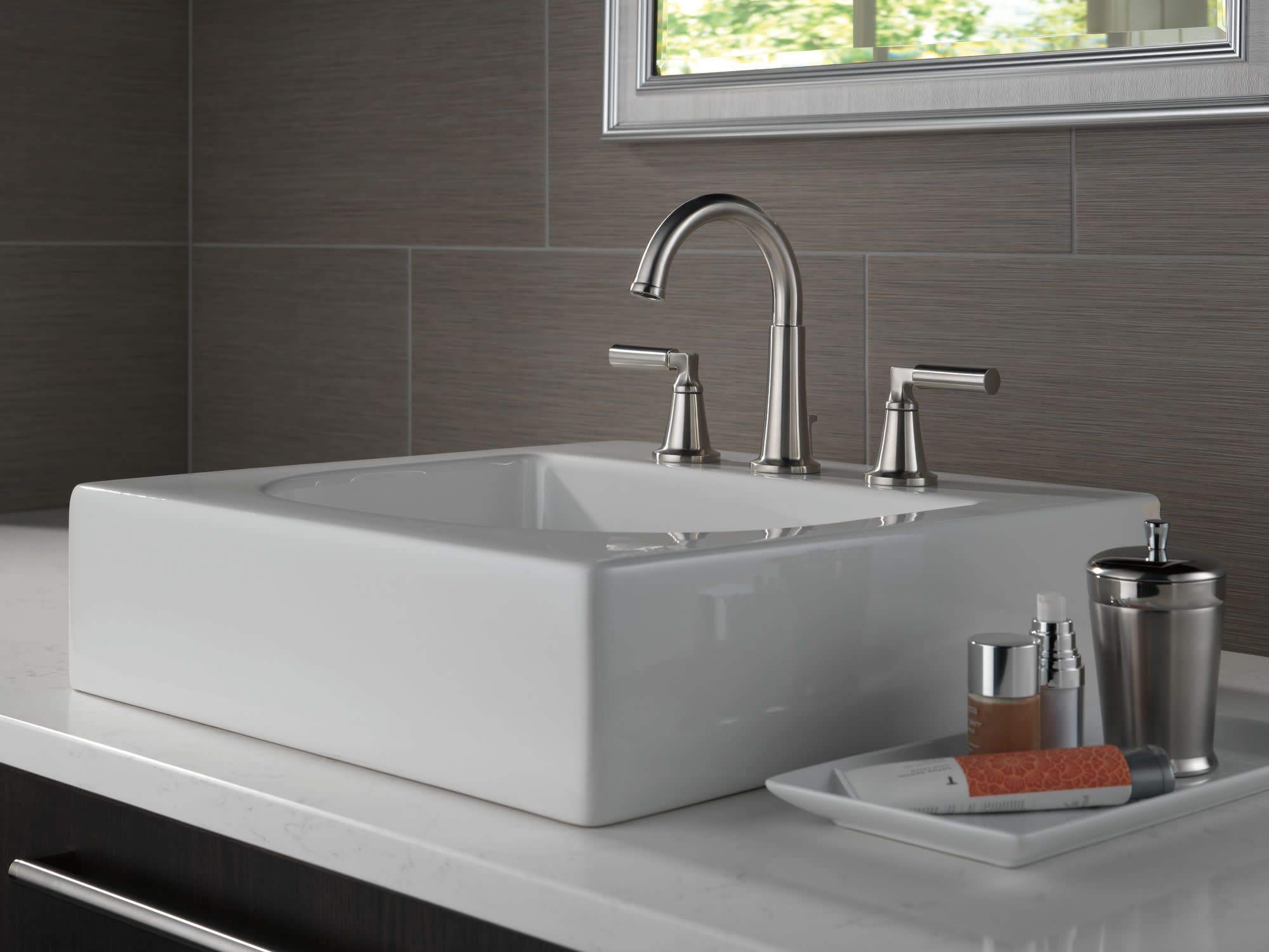 Delta 35548LF-MPU Single Handle Bathroom Sink Faucet - Modern Waterfall Spout Design for Vanity & Powder Room - Perfect for Home, Hotel, and Commercial Use