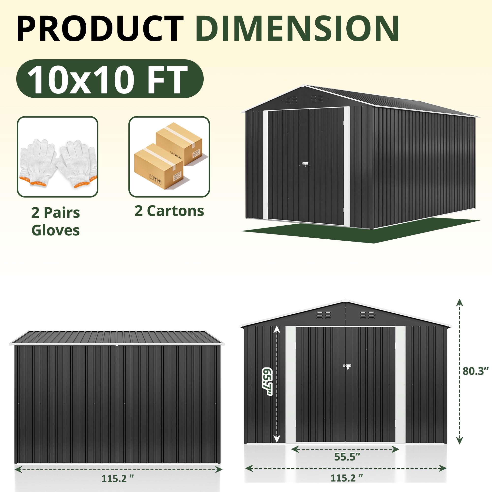 10x10 FT Outdoor Storage Shed - Heavy Duty Metal Garden Shed with Reinforced Frame & Lockable Doors - Waterproof Tool Shed for Backyard, Patio, Lawn Equipment (Grey) - Perfect for Storing Gardening Tools, Lawn Mowers & Outdoor Furniture